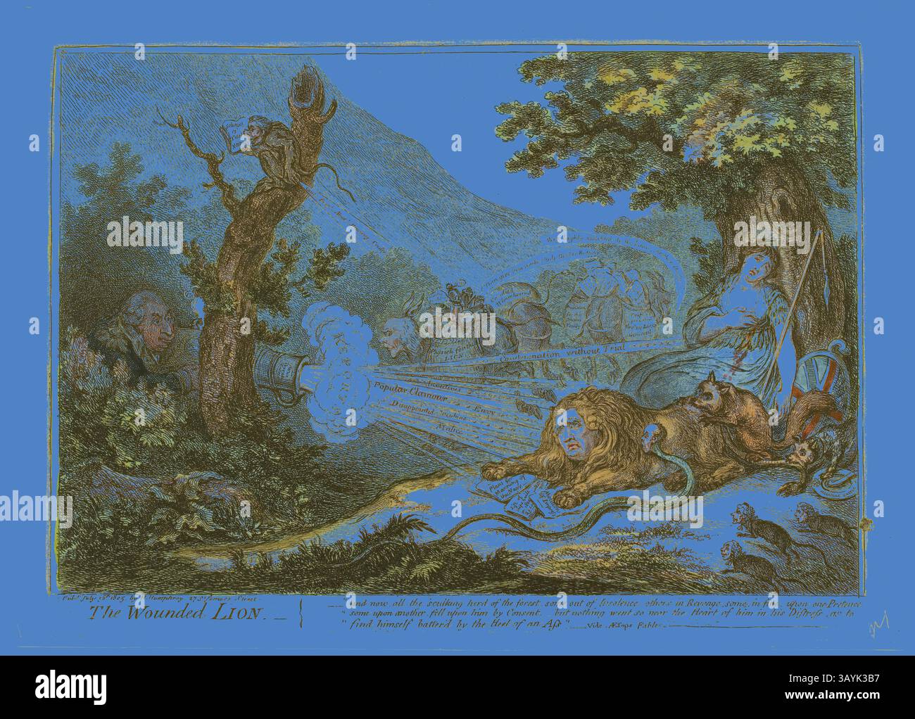 Eine Szene, die einen verwundeten Löwen in einer Landschaft voller verschiedener Charaktere und Tiere darstellt, mit einem Baum und einer Kulisse aus sanften Hügeln. Der Löwe, der Stärke und Verletzlichkeit symbolisiert, ist umgeben von Figuren, die scheinbar an verschiedenen Aktivitäten beteiligt sind und Themen wie Kampf und Widerstandsfähigkeit andeuten. Die Komposition fängt einen Moment der Spannung und Emotionen ein, während der Löwe sich mit seiner Situation auseinandersetzt. The Wounded Lion, veröffentlicht am 16. Juli 1805, James Gillray (englisch, 1756–1815), herausgegeben von Hannah Humphrey (Englisch, ca. 1745-1818), England, handkolorierte Ätzung auf Papier, 243 x 356 mm ( Stockfoto