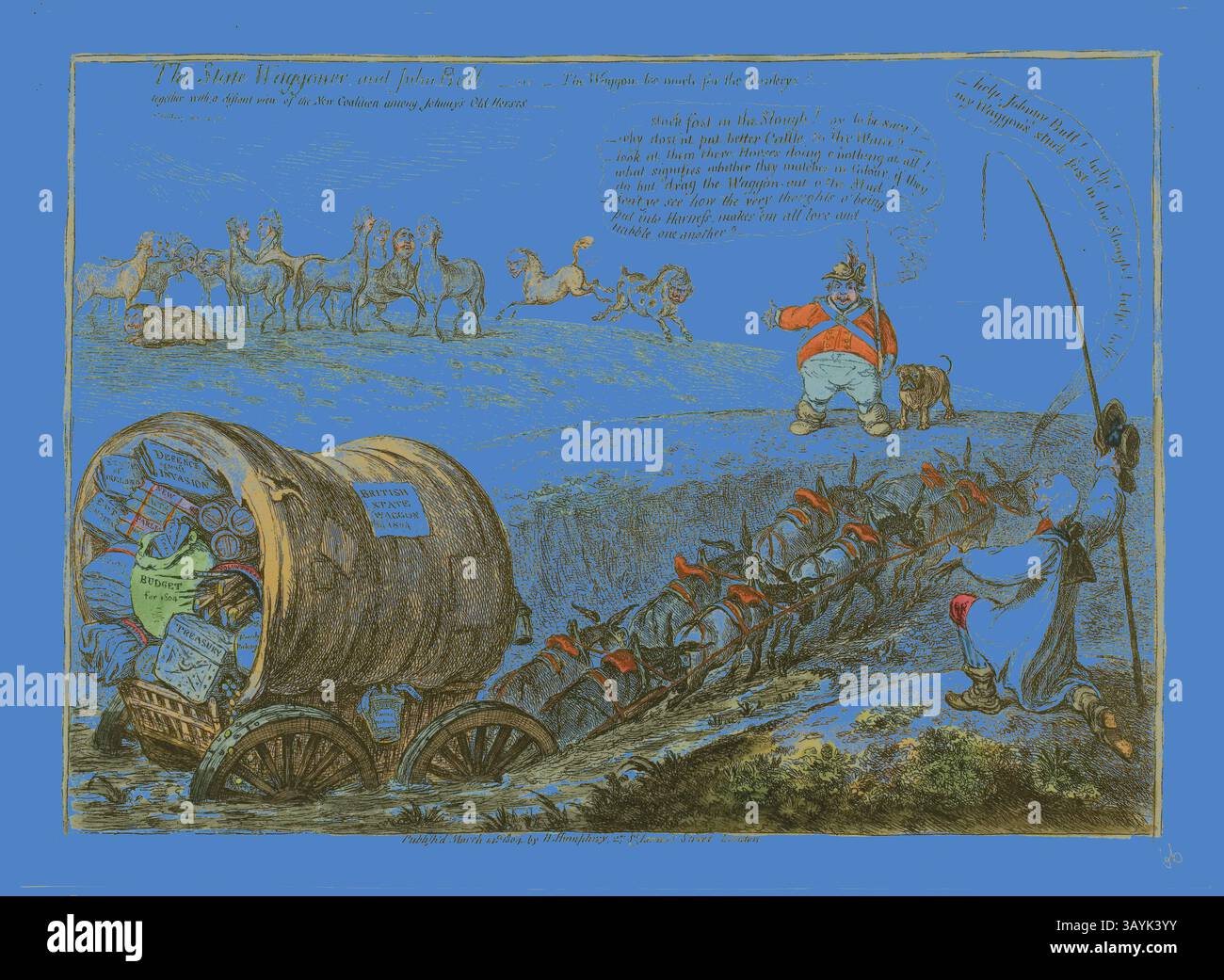 Ein skurriler politischer Cartoon mit einem großen, fröhlichen Mann, der eine Prozession von Pferden und Reitern überwacht. Im Vordergrund steht ein hell dekorierter Wagen mit verschiedenen Waren und Flugblättern, während eine kleinere Figur in einem Bachlauf in der Nähe nach etwas fischt. Die Szene verbindet Humor und Satire und spiegelt soziale Kommentare der Zeit wider. The State Waggoner and John Bull, 1804, James Gillray (britisch, 1756–1815), herausgegeben von Hannah Humphrey (englisch, ca. 1745–1818), England, Etching, mit handgemalter Färbung, auf Papier Klassische Kunst mit modernem Touch, neu interpretiert von Artotop Stockfoto