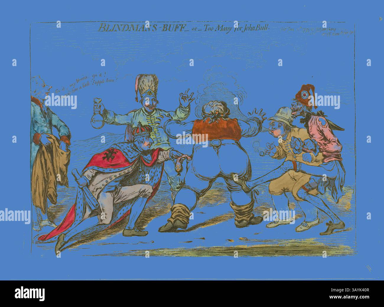 Eine lebendige und humorvolle Szene, in der eine Gruppe von Einzelpersonen an einem Spiel von Blindman's Buff teilnimmt und spielerische Interaktionen und übertriebene Ausdrücke hervorhebt. Verschiedene Charaktere, die in historischen Kostümen gekleidet sind, zeigen eine Mischung aus Spaß und Unfug, während sie um eine zentrale Figur navigieren, die mit den Augen verbunden ist. Das Ambiente vermittelt ein Gefühl der Fröhlichkeit und sozialen Kameradschaft. Blindman’s Buff or Too Many for John Bull, veröffentlicht am 12. Juni 1795, James Gillray (Englisch, 1756–1815), herausgegeben von Hannah Humphrey (englisch, ca. 1745–1818), England, Ätzen in Dunkelbraun, mit handkolorierter Färbung, auf Creme Stockfoto