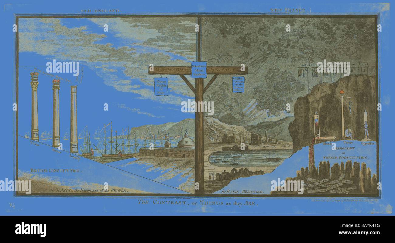 Eine lebendige Darstellung, die zwei Landschaften gegenüberstellt: Auf der einen Seite symbolisieren klassische Architektur und Schiffe Ordnung und Stabilität, auf der anderen Seite stehen ein raues Gelände und ein Kreuz für Konflikt und Kampf. Die Dualität hebt die Unterschiede in der Regierungsführung hervor, mit Etiketten, die auf "britische Verfassung" und "französische Verfassung" verweisen, die unterschiedliche politische Ideologien und ihre Auswirkungen auf die Gesellschaft veranschaulichen. The Contrast or Things as They Are, veröffentlicht am 12. November 1796, James Gillray (englisch, 1756–1815), herausgegeben von Hannah Humphrey (englisch, ca. 1745–1818), England, handkolorierte Ätzung auf Papier Stockfoto