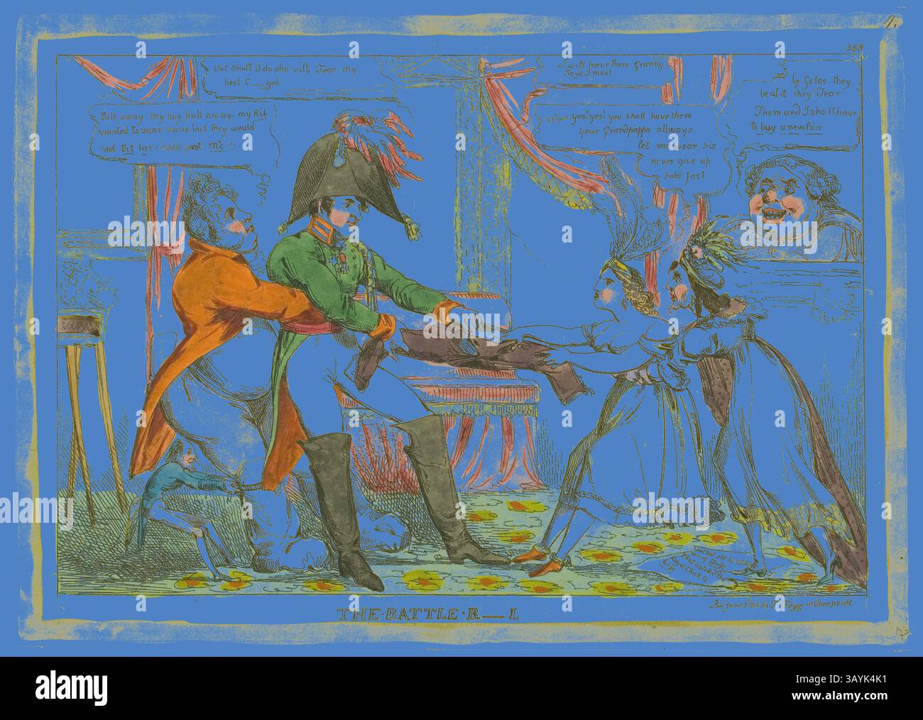 Eine skurrile Szene zeigt einen komischen Kampf zwischen einem Militärführer und zwei Frauen um ein Kleidungsstück mit verspielten Gesichtsausdrücken. Der Hintergrund zeigt leuchtende Blautöne und komplizierte Blumenmuster, die dem Hauptgeschehen einen lebendigen Kontrast verleihen. Humor und Konflikt verschmelzen in diesem unbeschwerten Tableau und halten einen Moment sozialer Satire fest. The Battle R—L, veröffentlicht am 3. Juni 1816, zugeschrieben von William Heath (englisch, 1794–1840), herausgegeben von Thomas Tegg (englisch, 1776–1845), England, handgefärbte Ätzungen auf Elfenbein-Webpapier, 246 x 349 mm (Bild), 252 x 352 mm (Blatt, innen geschnitten) Stockfoto