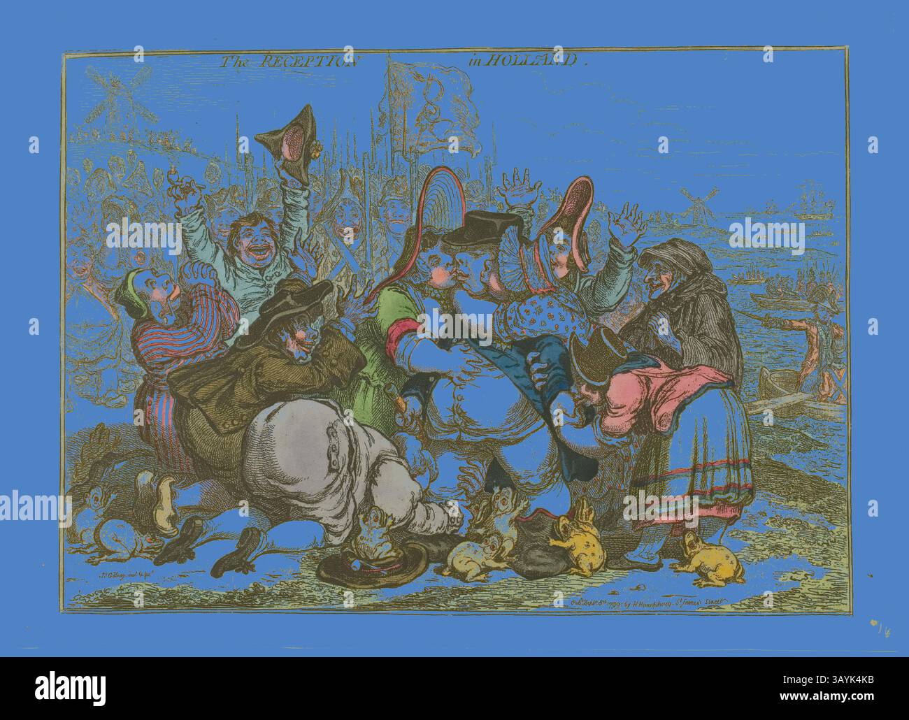 Eine lebendige Szene, die eine Gruppe von Menschen in traditioneller Kleidung zeigt, die an einer humorvollen und chaotischen Feier teilnahmen, mit übertriebenen Ausdrücken und animierten Gesten, mit verschiedenen Tieren und Requisiten, die über die gesamte Umgebung verteilt sind. The Reception in Holland, veröffentlicht am 8. September 1799, James Gillray (Englisch, 1756-1815), herausgegeben von Hannah Humphrey (Englisch, ca. 1745-1818), England, handkolorierte Ätzung auf Papier, 255 x 360 mm (Bild), 262 x 365 mm (Platte), 290 x 405 mm (Blatt) Klassische Kunst mit modernem Twist, neu interpretiert von Artotop Stockfoto