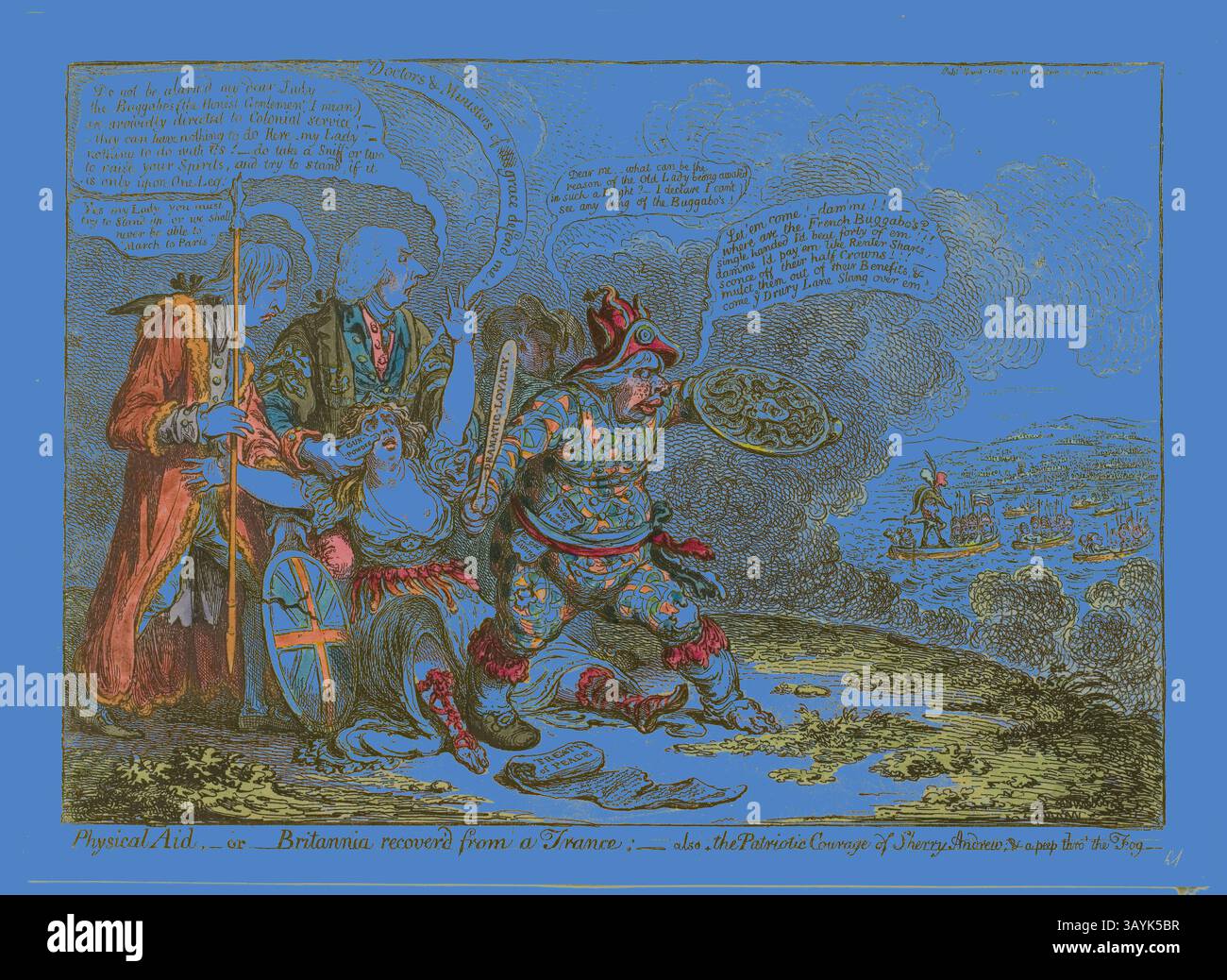Eine satirische Szene, in der Britannia Hilfe von einer Figur in Militärkleidung erhält, vor einer dramatischen Landschaft. Die Bildsprache kombiniert Elemente von Humor und Kritik, zeigt übertriebene Ausdrücke und dynamische Posen und hebt Themen von Heldentum und Konflikt hervor. Verschiedene Inschriften ergänzen die Erzählung und spiegeln den politischen Kontext der Zeit wider. Physical Aid, or Britannia Recover’d from a Trance!, veröffentlicht am 14. März 1803, James Gillray (Englisch, 1756-1815), herausgegeben von Hannah Humphrey (Englisch, ca. 1745-1818), England, handkolorierte Ätzung auf Papier, 250 x 359 mm (Bild Stockfoto