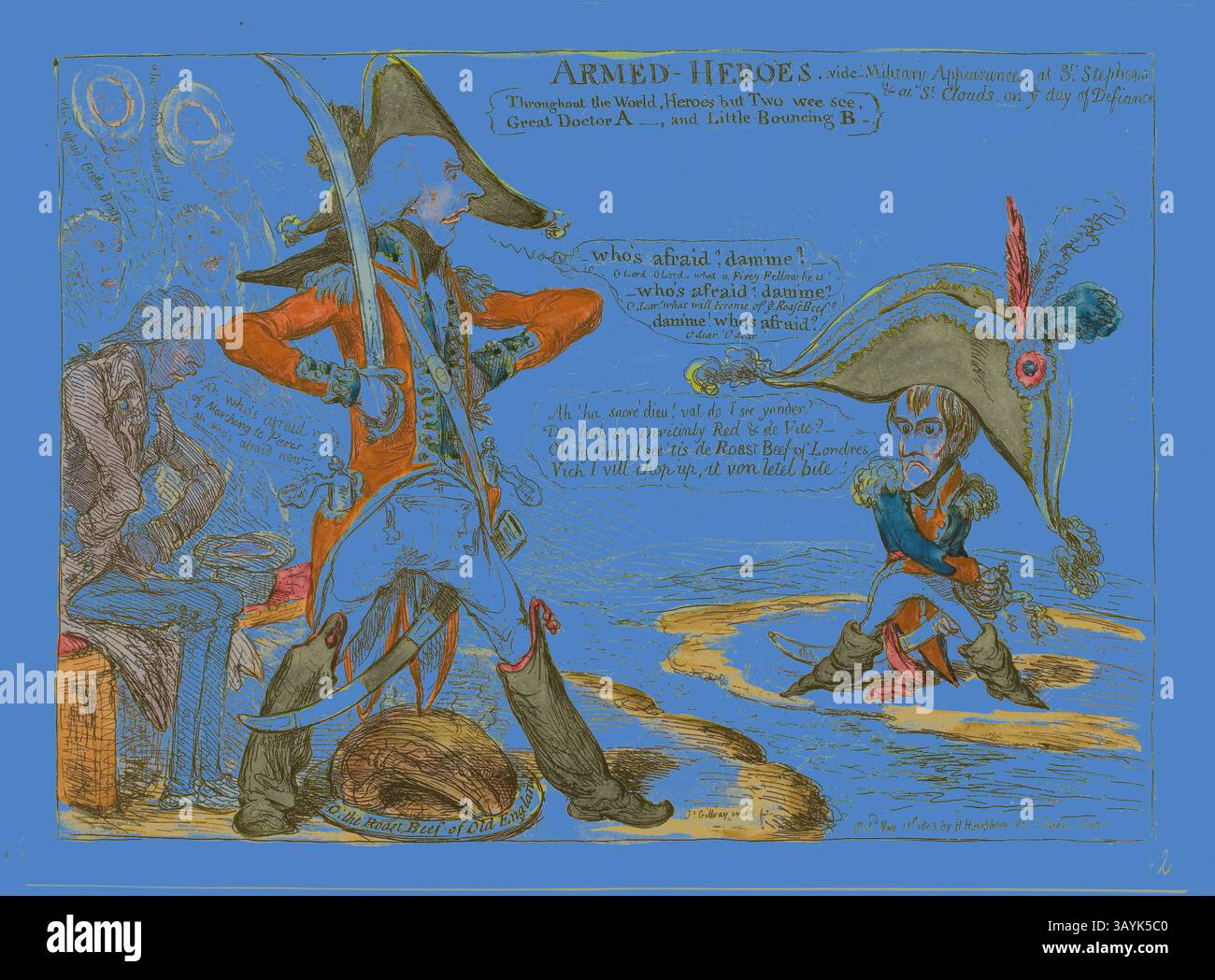 Eine skurrile Illustration zeigt zwei Figuren in aufwendiger Militärkleidung, die sich in einer dramatischen Konfrontation befinden. Eine Figur, die mit einem großen Hut und einem umhang verziert ist, schlägt eine kommandierende Pose, während die andere, kleiner und gehockt, ängstlich wirkt. Die Szene ist voller verspielter Ausdrucksformen und überspitzter Merkmale, vor einem lebendigen Hintergrund, der den Humor des Augenblicks unterstreicht. Der Text, der das Bild begleitet, fügt eine Schicht von Kommentaren hinzu, die Witz mit der lebendigen Energie des Kunstwerks verbindet. Armed Heroes, 1803, James Gillray (britisch, 1756–1815), herausgegeben von Hannah Humphrey (englisch, c Stockfoto