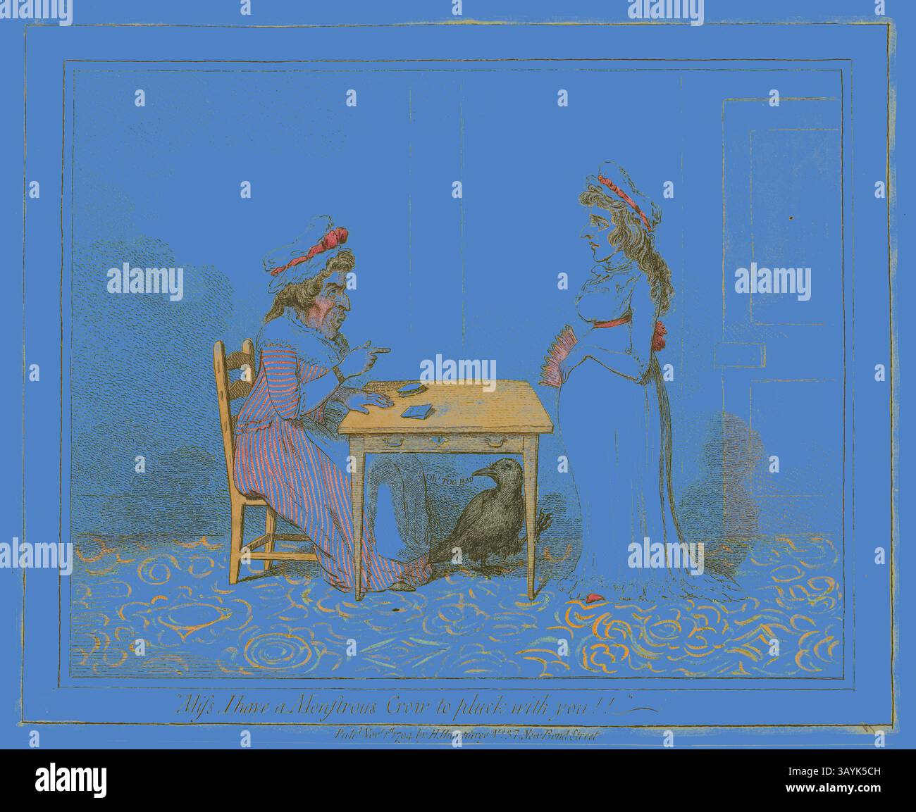 Eine skurrile Szene, in der ein Mann an einem Tisch sitzt, vertieft in Kartenspiel, während eine Frau in der Nähe steht und mit einem Hauch von Neugier beobachtet. Ein Vogel liegt auf dem Boden und verleiht dieser faszinierenden Begegnung eine ungewöhnliche Note. Miss, I have a Monstrous Crow to Pupck with You!!, veröffentlicht am 1. November 1794, James Gillray (englisch, 1756-1815), herausgegeben von Hannah Humphrey (Englisch, ca. 1745-1818), England, Ätzen in Dunkelbraun, mit Handmalerei, auf cremefarbenem Webpapier, 233 x 290 mm (Bild), 243 x 302 mm (Platte), 246 x 302 mm (Blatt) Klassische Kunst mit modernem Twist, neu interpretiert von Artotop Stockfoto