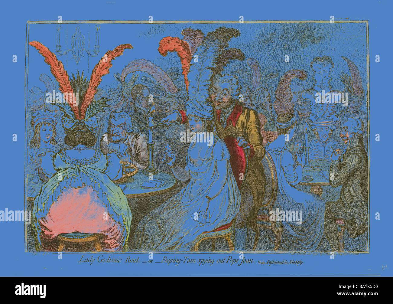 Ein lebhaftes geselliges Treffen mit elegant gekleideten Männern und Frauen, verziert mit extravaganten Federhüten. Die Szene fängt die Spannung eines modischen Events ein, bei dem Gäste sich unterhalten und ihre Zeit an üppigen Tischen genießen. Lady Godina’s Rout, – oder – Peeping Tom Spiying Out Pope Joan, veröffentlicht am 12. März 1796, James Gillray (Englisch, 1756–1815), herausgegeben von Hannah Humphrey (Englisch, ca. 1745-1818), England, Ätzen in Dunkelbraun, mit Handmalerei, auf cremefarbenem Webpapier, 242 x 357 mm (Bild), 260 x 361 mm (Platte), 282 x 400 mm (Blatt) Klassische Kunst mit modernem Twist neu interpretiert Stockfoto