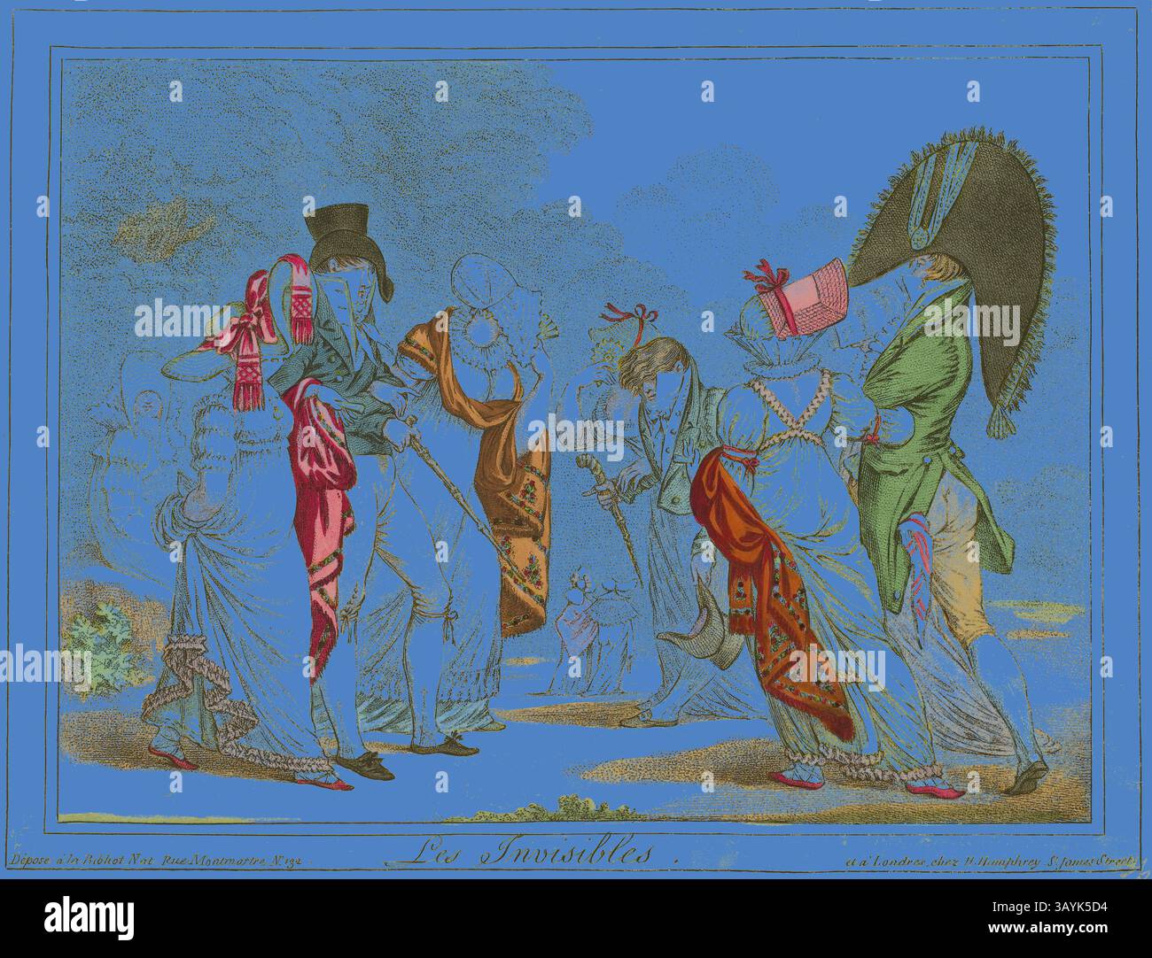 Eine skurrile Szene mit elegant gekleideten Figuren, die in einer spielerischen Interaktion inmitten von üppigem Grün interagieren. Die Charaktere tragen ausgeklügelte Kostüme mit leuchtenden Farben und komplizierten Mustern, die eine Mischung aus Humor und Mode hervorheben. Les Invisibles, 1810, James Gillray (Englisch, 1756-1815), herausgegeben von Hannah Humphrey (Englisch, ca. 1745-1818), England, handkolorierte Ätzung auf elfenbeinfarbenem Webpapier, 235 x 310 mm (Bild), 243 x 315 mm (Platte/Blatt) Klassische Kunst mit modernem Twist, neu interpretiert von Artotop Stockfoto