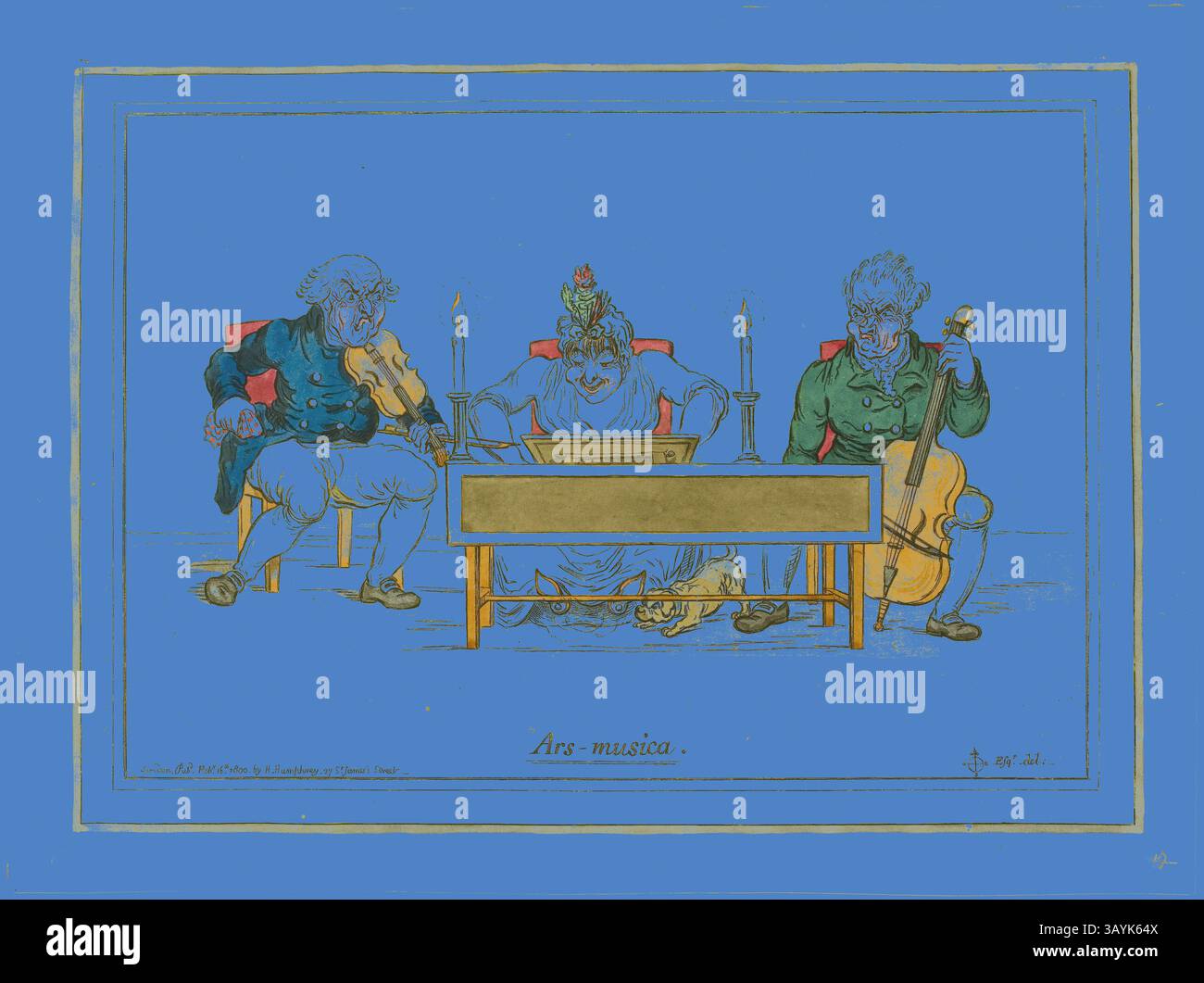 Eine skurrile Szene mit drei anthropomorphen Musikern – zwei mit Streichinstrumenten und einer mit Keyboard. Die Charaktere, die sich durch verspielte Ausdrucksformen und unverwechselbare Outfits auszeichnen, versammeln sich um einen zentralen Musikstand mit dekorativen Elementen und schaffen eine Atmosphäre voller fröhlicher Performance. Ars musica, veröffentlicht am 16. Februar 1800, James Gillray (Englisch, 1756–1815), nach Brownlow North (Englisch, 1778-1829), England, handkolorierte Ätzung auf Papier, 250 x 350 mm (Bild), 261 x 360 mm (Platte), 296 x 395 mm (Blatt) Klassische Kunst mit einem modernen Twist, neu interpretiert von Artotop Stockfoto