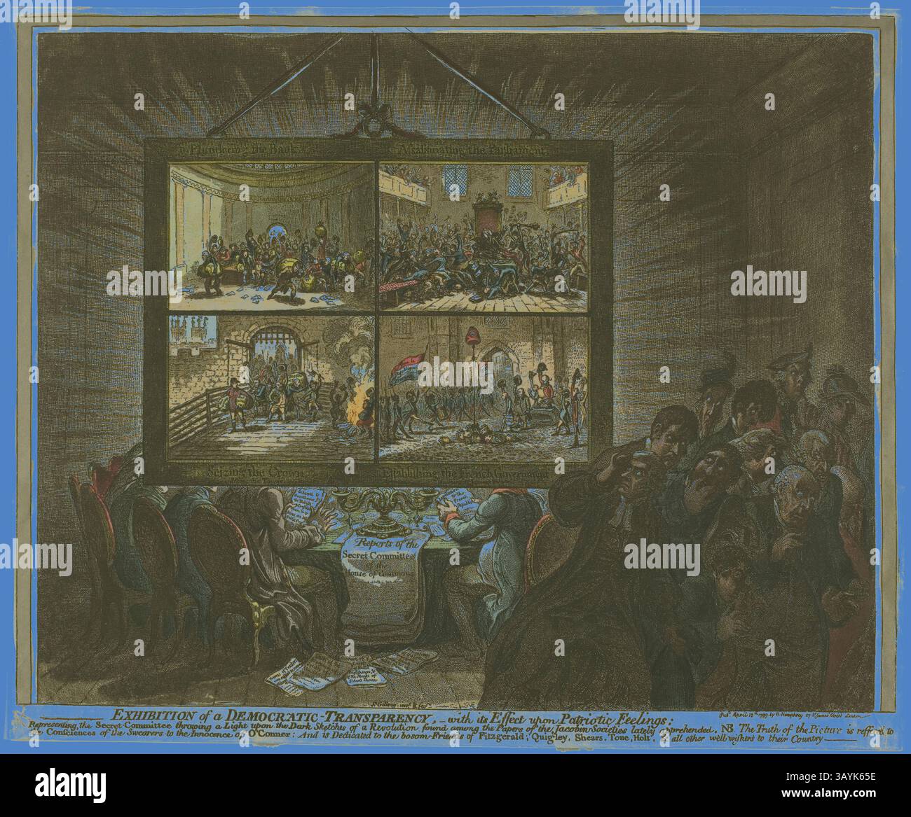 Eine detaillierte Darstellung einer öffentlichen Ausstellung mit dramatischen Szenen von politischen Auseinandersetzungen und sozialen Unruhen, mit Menschenmassen versammelt, um verschiedene Darstellungen von Demokratie und Autorität zu erleben. Das Kunstwerk fängt die Intensität historischer Ereignisse ein und hebt emotionale Ausdrucksformen der Zuschauer und die Handlung innerhalb der Szenen hervor. Ausstellung einer demokratischen Transparenz, mit Wirkung auf patriotische Gefühle, veröffentlicht am 15. April 1799, James Gillray (Englisch, 1756-1815), herausgegeben von Hannah Humphrey (Englisch, ca. 1745-1818), England, Aquatint auf Papier, 347 x 440 mm (Bild), 365 x 445 Stockfoto