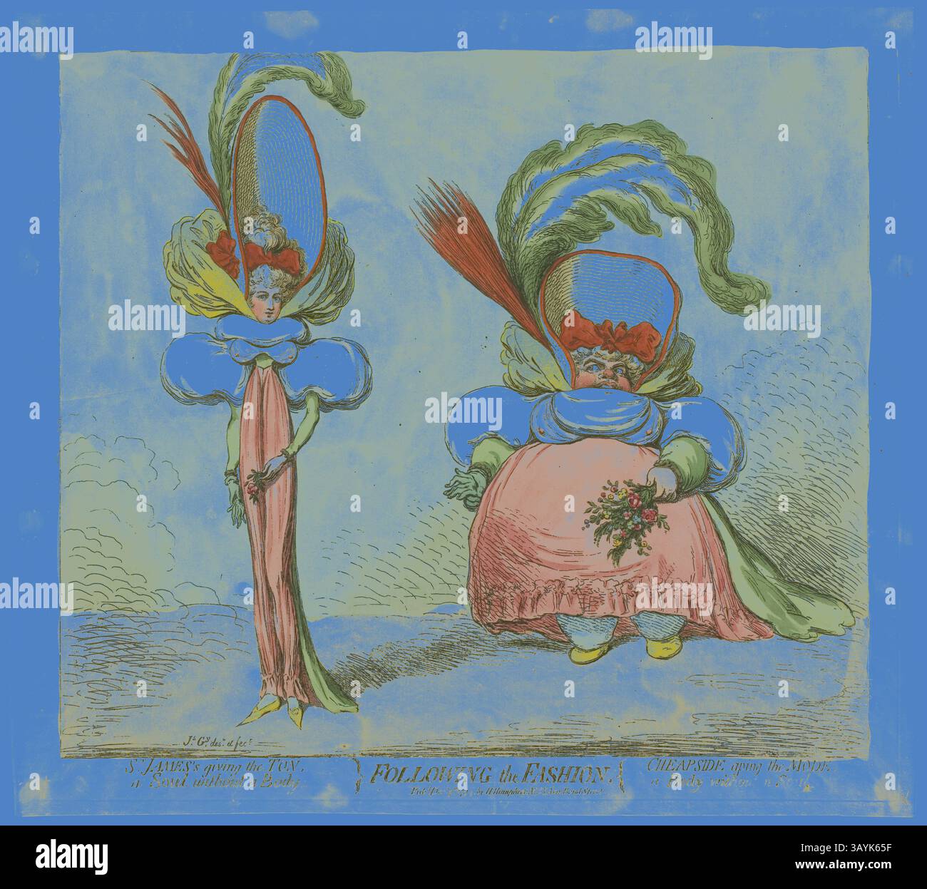 Zwei elegant gekleidete Frauen stehen nebeneinander und zeigen extravagante und theatralische Mode. Die Frau auf der linken Seite hat einen hohen, geschwungenen Kopfschmuck und eine figurbetonte Silhouette, während die Frau auf der rechten Seite ein voluminöses Kleid mit Blumen trägt, ergänzt durch einen größeren Kopfschmuck. Beide Figuren zeigen ein Gefühl der Wimmelei und eine kühne Interpretation des zeitgenössischen Stils, was die spielerische Natur von Modetrends unterstreicht. Following the Fashion, veröffentlicht am 9. Dezember 1794, James Gillray (Englisch, 1756–1815), herausgegeben von Hannah Humphrey (Englisch, ca. 1745-1818), England, Hand- Stockfoto