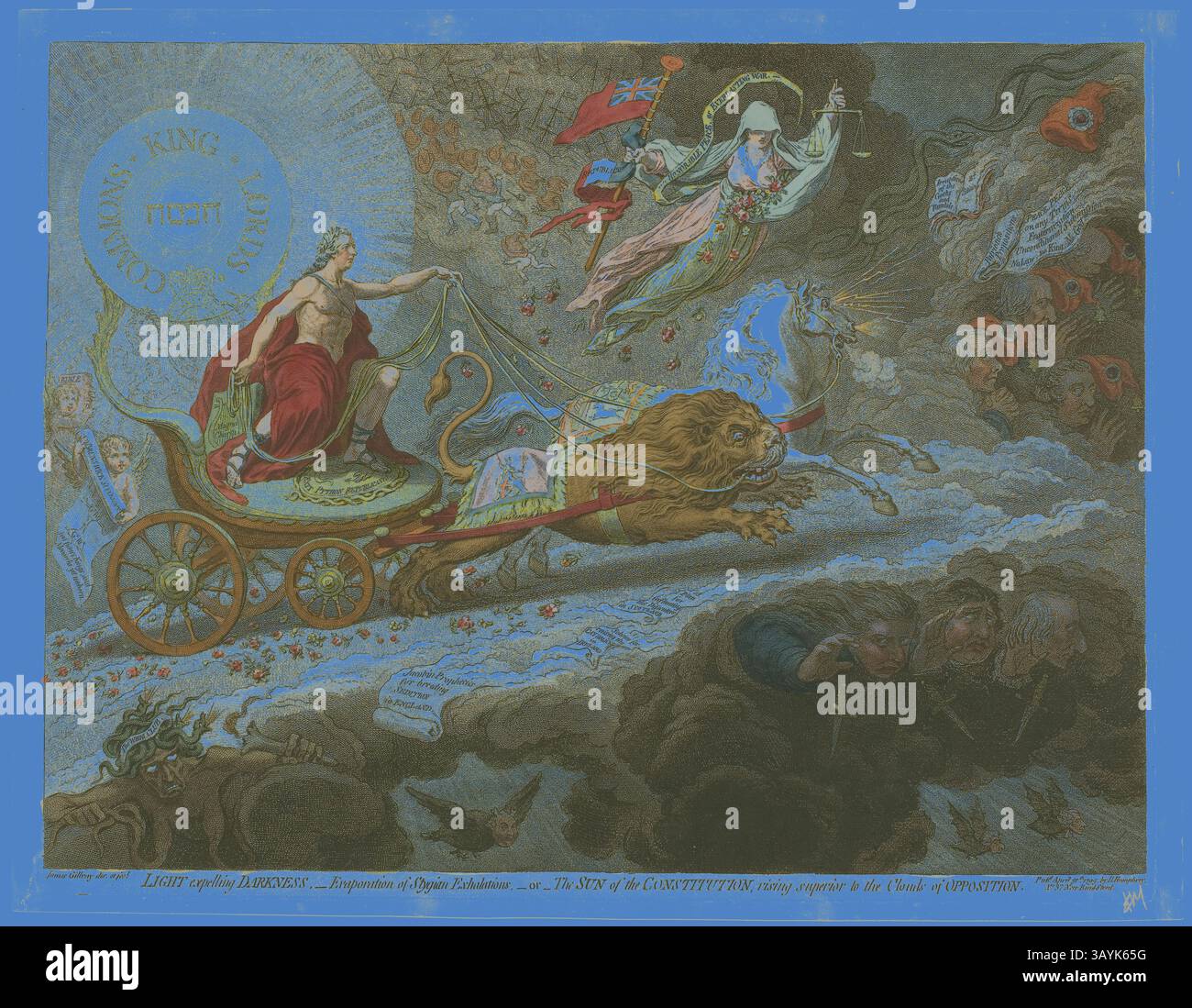 Eine majestätische Szene zeigt eine Figur in klassischer Kleidung, die auf einem von einem Löwen gezogenen Wagen sitzt und Stärke und Kraft symbolisiert. Strahlende, ätherische Figuren sind oben zu sehen, die Ruhm und Sieg verkörpern. Die Komposition ist reich an allegorischen Elementen, darunter Banner und Wolken, die ein Gefühl von Triumph und Majestät wecken. Licht vertreibt Dunkelheit,-Verdunstung Stygischer Ausatmungen,-or-die Sonne der Verfassung, Rising Superior to the Clouds of Opposition, veröffentlicht am 30. April 1795, James Gillray (englisch, 1756-1815), herausgegeben von Hannah Humphrey (Englisch, ca. 1745–1818), England, Etching in Dark Stockfoto