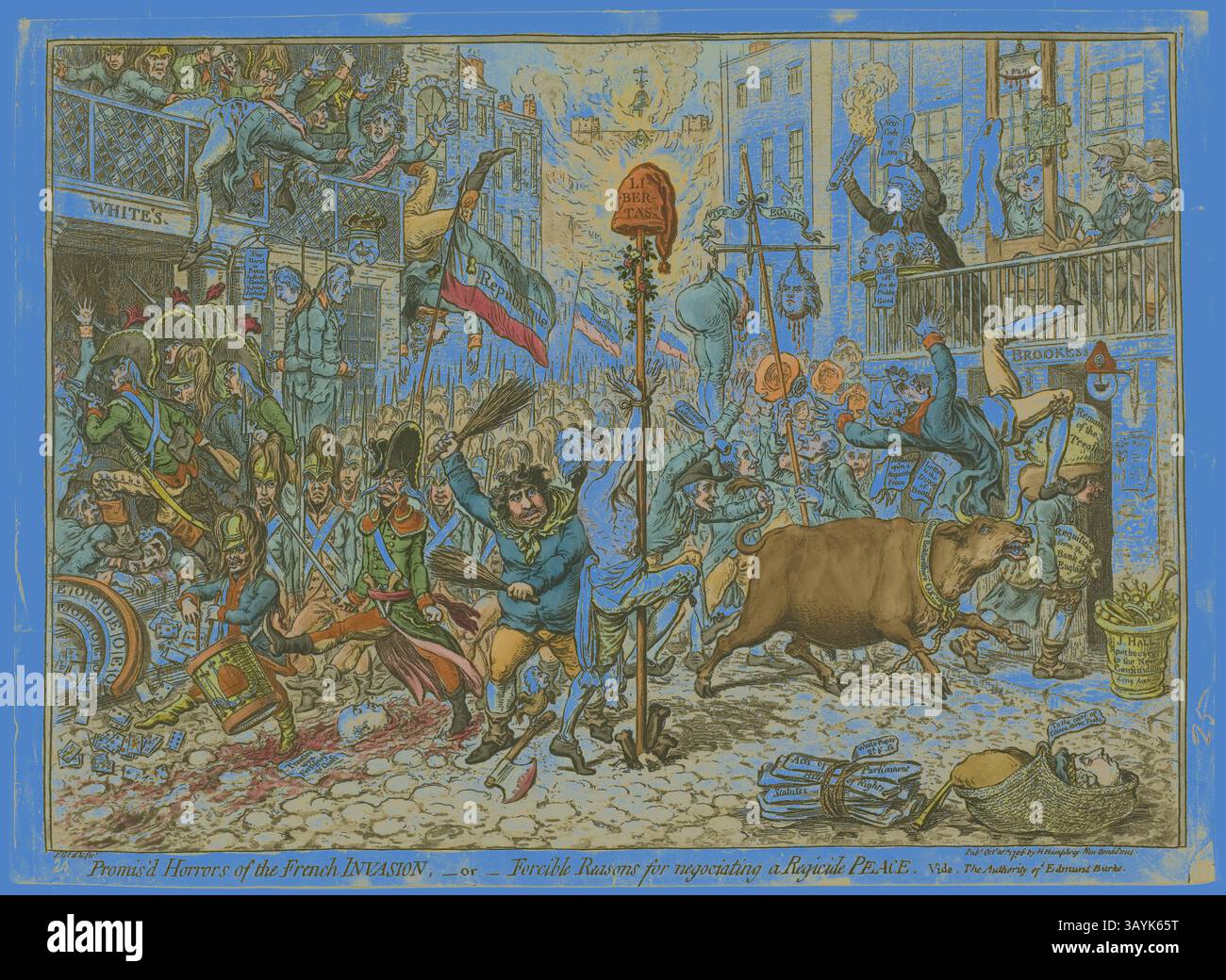 Eine chaotische Szene, die ein historisches Ereignis darstellt, in der Soldaten, Zivilisten und verschiedene Symbole in einer lebhaften Straße mit Bannern und Schildern aufeinander prallen. Die Komposition fängt die Spannung des Augenblicks ein und zeigt verschiedene Figuren, die an animierten Interaktionen beteiligt sind, sowie Tiere und Objekte, die über die gesamte Kulisse verteilt sind. Die Atmosphäre ist mit einem Gefühl der Dringlichkeit und des Konflikts aufgeladen. Promis’d Horrors of the French Invasion, veröffentlicht am 20. Oktober 1796, James Gillray (Englisch, 1756-1815), herausgegeben von Hannah Humphrey (englisch, ca. 1745–1818), England, handkolorierte Ätzung auf Papier, 305 Stockfoto
