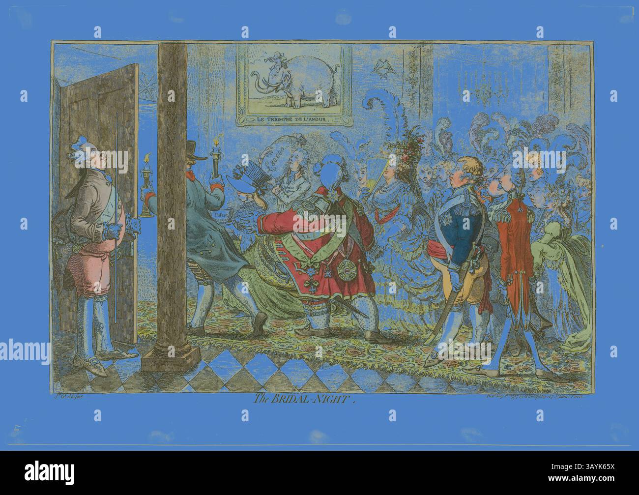 Eine verschwenderische Szene, die eine königliche Hochzeitsfeier darstellt, mit elegant gekleideten Figuren, die sich unterhalten und feiern. Die Atmosphäre ist erfüllt von einem Gefühl von Pomp und Pracht, hervorgehoben durch kunstvolle Kostüme und komplizierte Details. Eine Tür ist offen, was einen Eingang zu Festlichkeiten suggeriert, während die Ausdrucksformen der Teilnehmer eine Mischung aus Freude und Neugier vermitteln. The Bridal Night, veröffentlicht am 18. Mai 1797, James Gillray (Englisch, 1756–1815), herausgegeben von Hannah Humphrey (Englisch, ca. 1745-1818), England, Ätzen in Dunkelbraun, mit Handmalerei, auf cremegewebtem Papier, 292 x 449 mm (Bild), 305 x 454 mm (Platte) Stockfoto