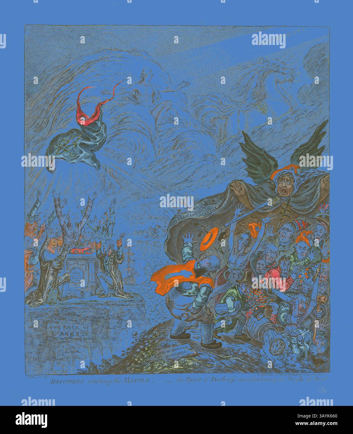 Eine chaotische Szene mit verschiedenen Figuren, einige in Militärkleidung und andere in skurrileren Kostümen, versammelte sich um ein zentrales rätselhaftes Denkmal. Dramatisch wirbelnde Wolken und feurige Elemente schaffen eine Atmosphäre der Spannung, während kontrastierende Charaktere eine Reihe von Emotionen ausdrücken – Verwirrung, Entschlossenheit und Neugier – vor dem Hintergrund historischer und fantastischer Elemente. Disciples Catching the Mantle, veröffentlicht am 25. Juni 1808, James Gillray (Englisch, 1756–1815), herausgegeben von Hannah Humphrey (Englisch, ca. 1745-1818), England, handkolorierte Ätzung auf Papier, 380 x 330 mm (Bild), 405 Stockfoto