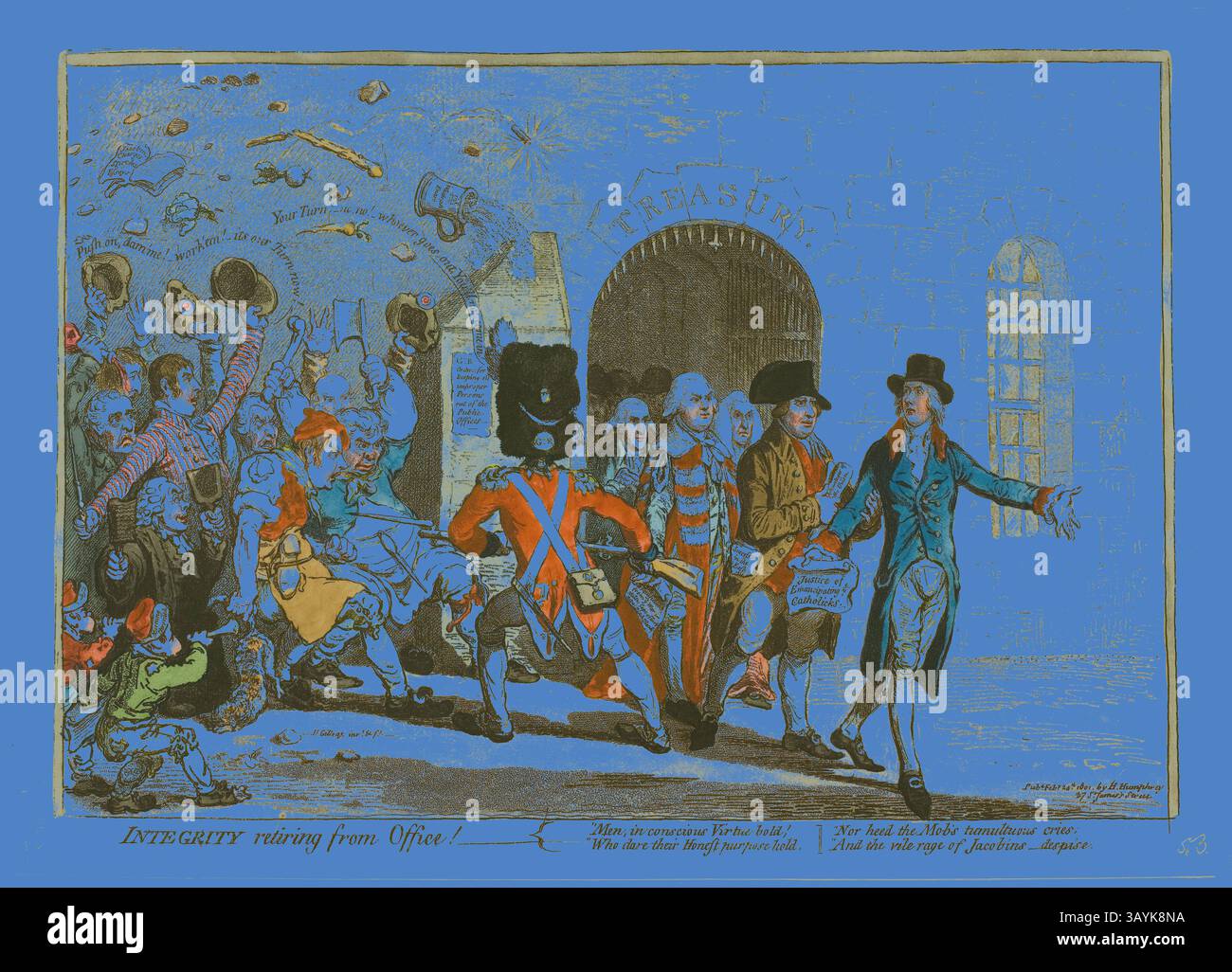 Eine skurrile Szene zeigt verschiedene Charaktere, die den Ruhestand einer Figur mit der Bezeichnung „Integrität“ aus dem Büro feiern, mit lebendigen Ausdrücken und raffinierten Kostümen. Die Kulisse bietet ein großes Gebäude mit der Bezeichnung „TREASURY“, während Zuschauer, darunter Beamte und Entertainer, an einer lebhaften Prozession teilnehmen und Themen wie Rechenschaftspflicht und Veränderung in der Regierungsführung hervorheben. Integrity pensioning from Office, veröffentlicht am 24. Februar 1801, James Gillray (Englisch, 1756–1815), herausgegeben von Hannah Humphrey (Englisch, ca. 1745-1818), England, handkolorierte Ätzung und Aquatint auf Papier, 237 x 347 mm (Bild Stockfoto