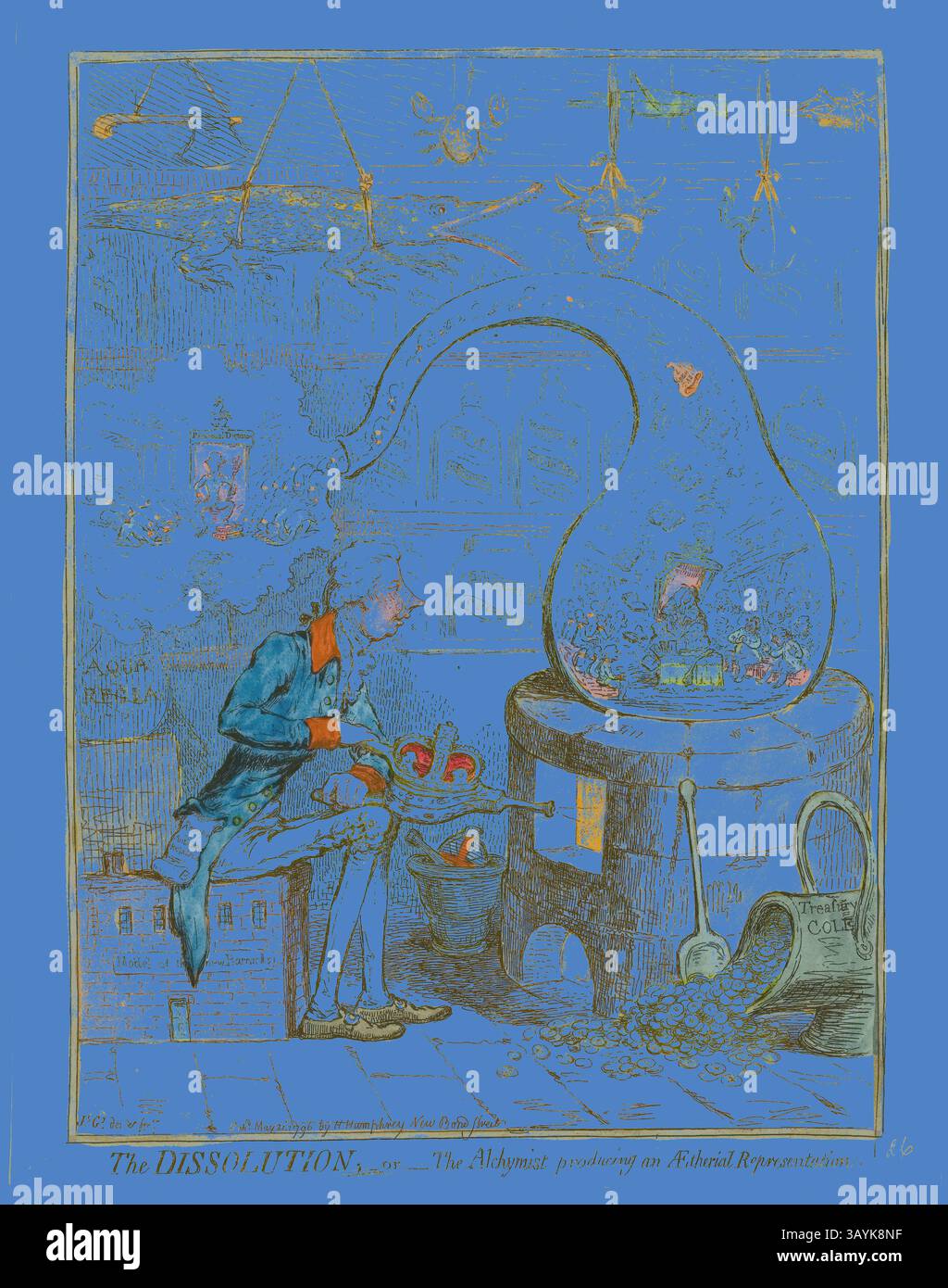 Ein skurriler Alchemist, in alten Kleidern, experimentiert intensiv mit sprudelnden Flüssigkeiten in einem kunstvollen Labor voller fantastischer Apparate. Um ihn herum befinden sich verschiedene wissenschaftliche Instrumente, ungewöhnliche Kreaturen und bezaubernde Elemente, die auf die Geheimnisse der Transformation und Schöpfung hinweisen. The Dissolution, or the Alchymist Producing an Aetherial Representation, veröffentlicht am 21. Mai 1796, James Gillray (englisch, 1756–1815). herausgegeben von Hannah Humphrey (Englisch, ca. 1745-1818), England, Ätzen in Dunkelbraun, mit Handmalerei, auf cremegewebtem Papier, 341 x 258 mm (Bild), 362 x 263 mm ( Stockfoto