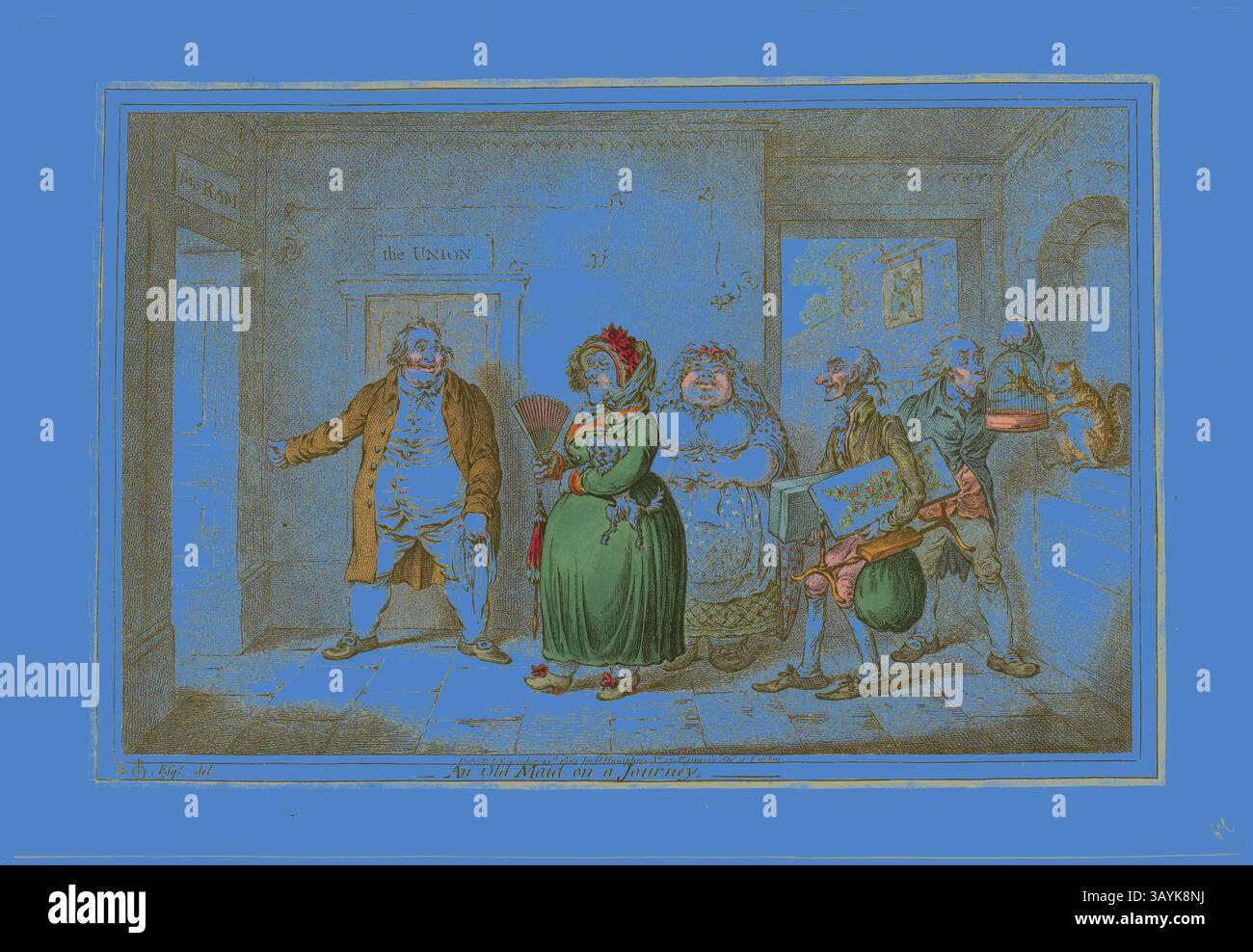 Eine Gruppe verschiedener Charaktere steht in einem Flur, wobei ein Mann auf eine Tür mit der Aufschrift „der UNMAN“ zugeht. Die Charaktere weisen eine Reihe von Ausdrücken und Stilen auf, die eine komische oder satirische Szene im Zusammenhang mit ihrer unerwarteten Reise suggerieren. An Old Maid on a Journey, veröffentlicht am 20. November 1804, James Gillray (Englisch, 1756–1815), nach Brownlow North (englisch, 1778-1829), herausgegeben von Hannah Humphrey (englisch, ca. 1745-1818), England, handkolorierte Ätzung auf Papier, 245 x 373 mm (Bild), 251 x 380 mm (Platte), 300 x 435 mm (Blatt) Klassische Kunst mit einem modernen Twist, neu interpretiert von Artotop Stockfoto