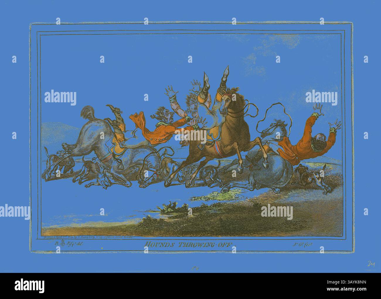 Eine chaotische Jagdszene zeigt Reiter und Hunde in Verwirrung, während sie versuchen, eine lebhafte Jagd zu bewältigen, wobei Pferde sich aufhalten und Hunde bellen, die sich zwischen Staub und Bewegung bewegen. Hounds Throwing Off, veröffentlicht am 8. April 1800, James Gillray (Englisch, 1756–1815), nach Brownlow North (Englisch, 1778-1829), England, handkolorierte Ätzung auf Papier, 247 x 347 mm (Bild), 250 x 350 mm (Platte), 290 x 405 mm (Blatt) Klassische Kunst mit einem modernen Twist, neu interpretiert von Artotop Stockfoto