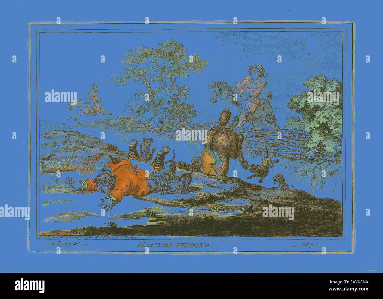 Eine humorvolle Szene, die eine gefallene Figur in orangefarbener Kleidung neben einem Gewässer zeigt, umgeben von einer Gruppe kleiner Tiere, während ein Reiter zu Pferd aus der Entfernung beobachtet. Die Kulisse bietet üppige Bäume und einen Zaun, was die lebhafte Atmosphäre der Umgebung im Freien unterstreicht. Hounds Finding, veröffentlicht am 8. April 1800, James Gillray (Englisch, 1756–1815), nach Brownlow North (Englisch, 1778-1829), England, handkolorierte Ätzung auf Papier, 245 x 345 mm (Bild), 250 x 350 mm (Platte), 285 x 400 mm (Blatt) Klassische Kunst mit einem modernen Twist, neu interpretiert von Artotop Stockfoto