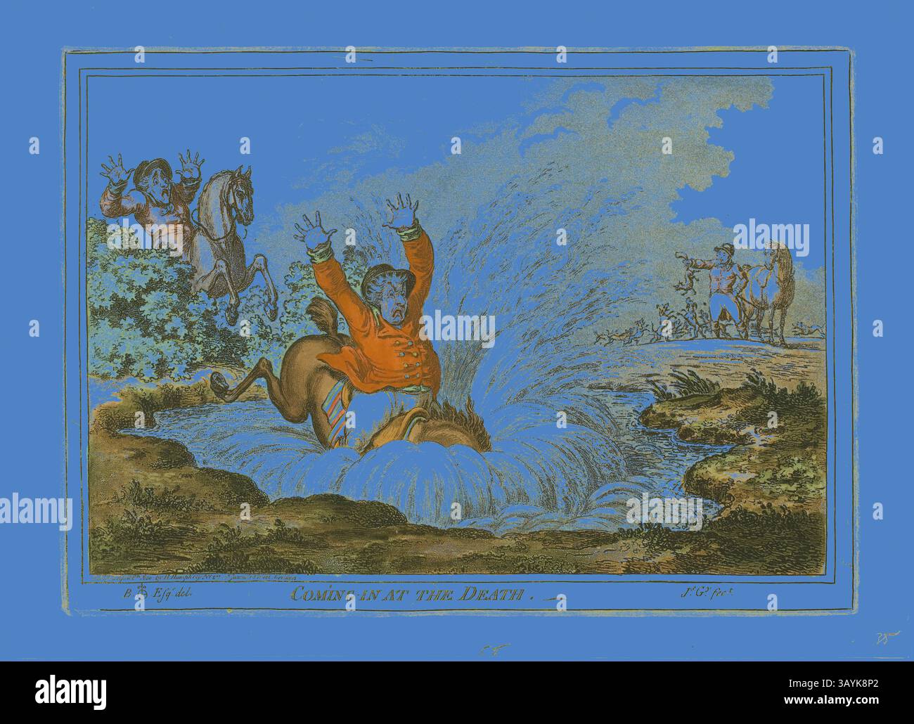 Ein verblüfftes Pferd stürzt in einen großen Spritzer Wasser, als ein Reiter verzweifelt versucht, die Kontrolle zu behalten. Im Hintergrund beobachten Zuschauer und andere Reiter die chaotische Szene, umgeben von üppigem Grün. Die Szene fängt einen Moment unerwarteter Spannung und die Herausforderungen des Reitsports ein. Coming in at the Death, veröffentlicht am 8. April 1800, James Gillray (Englisch, 1756-1815), nach Brownlow North (Englisch, 1778-1829), England, handkolorierte Ätzung auf Papier, 250 x 350 mm (Bild), 255 x 355 mm (Platte), 290 x 400 mm (Blatt) Klassische Kunst mit einem modernen Twist, neu interpretiert von Artotop Stockfoto