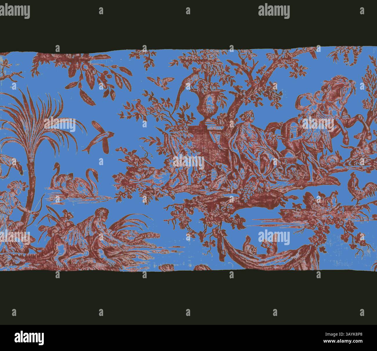 Eine detailreiche Szene mit pastoralen Elementen, darunter Figuren auf dem Pferd, elegante Schwäne und üppiges Laub, die alle aufwändig in eine lebendige Kulisse gewebt sind, die einen Kontrast zu den komplizierten Designs der Natur und menschlichen Aktivität bildet. Les Quatre Parties du Monde (Four Quarters of the Globe) (Möbelstoff), um 1794, entworfen von Jean Baptiste Huet (Französisch, 1745-1811), Stich von Johann Elias Ridinger (Deutschland, 1698-1767), hergestellt von Christophe Phillipe Oberkampf (Französisch, 1738-1815), Frankreich, Jouy-en-Josas, Frankreich, Baumwolle, Leinwandbindung, Kupferplatte bedruckt, 91,4 x 98,2 cm (36 x 19 Zoll Stockfoto