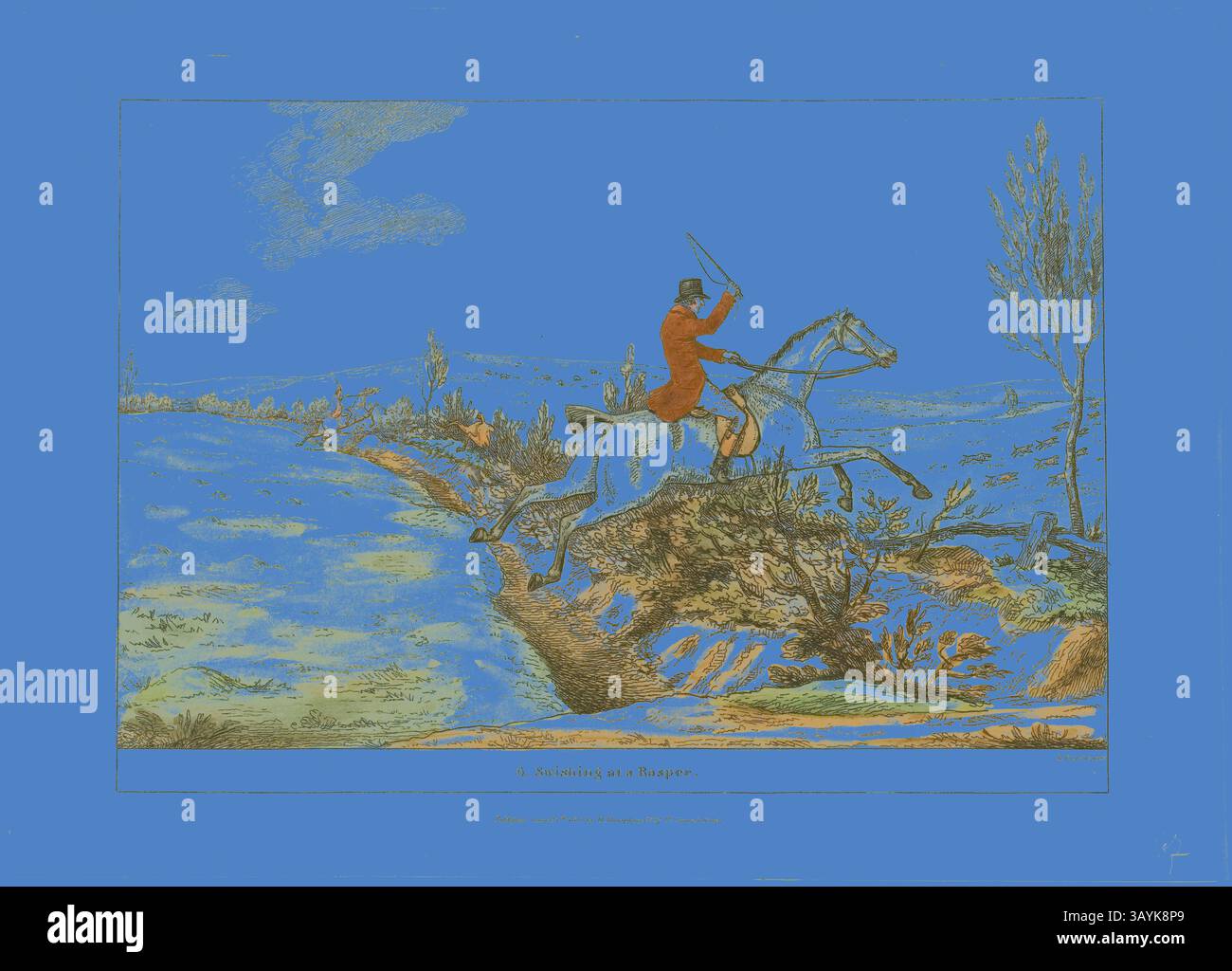 Ein Reiter in einem leuchtenden roten Fell navigiert anmutig auf einem felsigen Pfad zu Pferd, umgeben von einer ruhigen Landschaft mit sanften Hügeln und kargen Bäumen unter klarem Himmel. Swishing at a Rasper, Plate Six from unverzichtbare fulshments, veröffentlicht am 24. Juni 1811, Sir Robert Frankland (Englisch, 1784-1849), herausgegeben von Hannah Humphrey (Englisch, ca. 1745-1818), England, handgefärbte Ätzung auf Papier, 189 x 269 mm (Bild), 213 x 294 mm (Platte), 236 x 330 mm (Blatt) Klassische Kunst mit einem modernen Twist von Artotop neu interpretiert Stockfoto