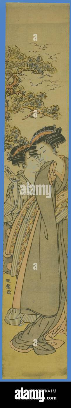 Zwei elegant gekleidete Figuren teilen einen intimen Moment, umgeben von ruhigen natürlichen Elementen. Ihre komplizierten Kleidungsstücke zeigen zarte Muster, die eine Szene voller kultureller Symbolik und subtiler Romantik darstellen. Der Hintergrund deutet auf üppiges Laub und einen ruhigen Himmel hin, was die intime Atmosphäre unterstreicht. Porting a Love Letter, ca. 1777, Isoda Koryusai, Japanisch, 1735-1790, Japan, Farbholzdruck, Hashira-e, 1/8 x 1/2 Zoll Klassische Kunst mit modernem Touch, neu interpretiert von Artotop Stockfoto