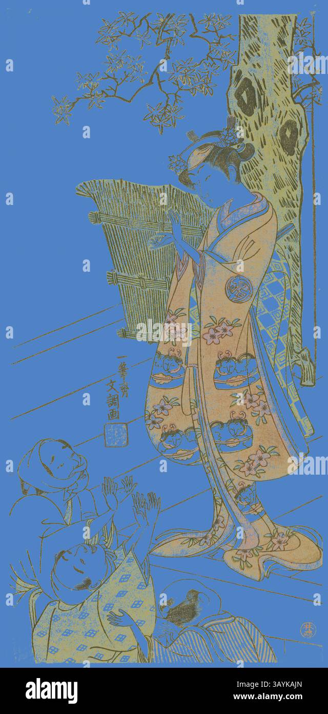 Eine anmutige Figur in einem traditionellen Kimono steht zwischen blühenden Bäumen und hält ein empfindliches Objekt, während zwei Kinder eifrig auf sie zugehen. Die lebendigen Details der Kleidung und die umliegende Natur unterstreichen die zauberhafte Szene. Der Schauspieler Arashi Hinaji I, möglicherweise als Yuya Gozen in dem Stück Ima o Sakari Suehiro Genji (der Genji-Clan, jetzt im Zenith), trat am ersten Tag des Elften Monats 1768, ca. 1768 im Nakamura Theater auf, Ippitsusai Buncho, Japanisch, aktiv ca. 1755-90, Japan, Farbholzdruck, Hosoban, 31,2 x 15 cm (12 5/16 x 5 7/8 Zoll) Klassische Kunst mit modernem Design Stockfoto