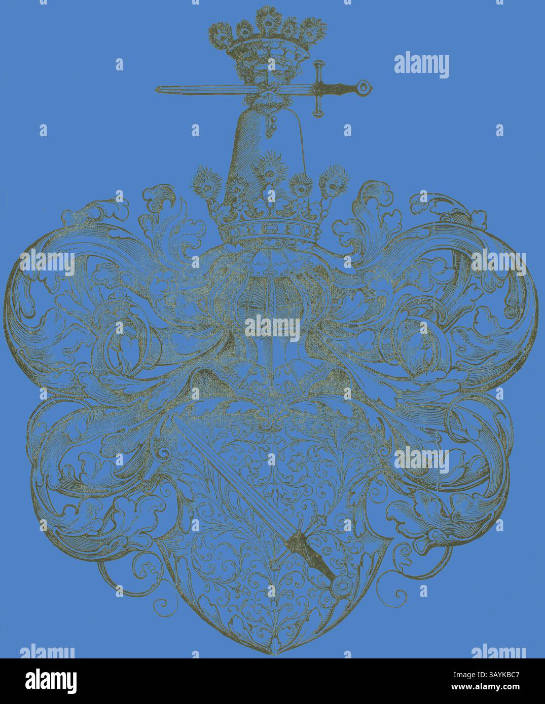 Ein reich verziertes Wappen mit komplizierten Blumendekorationen, eine Krone auf einem zentralen Emblem und ein Schwert, das Adel und heraldische Tradition symbolisiert. Das Design besticht durch raffinierte Wirbel und ornamentale Details, die eine königliche Ästhetik unterstreichen. Das Wappen der Familie Kress von Kressenstein, nach 1530, Nürnberger Schule, Deutsch, 16. Jahrhundert, Deutschland, Holzschnitt auf elfenbeinfarbenem Büttenpapier, 322 x 270 mm Klassische Kunst mit einem modernen Twist, neu interpretiert von Artotop Stockfoto