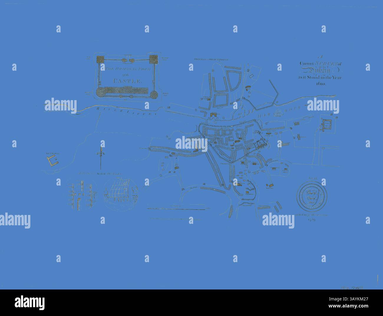 Eine detaillierte Karte, die das Layout einer historischen Stadt mit Straßen, Gebäuden und bedeutenden Wahrzeichen veranschaulicht. Bemerkenswerte Bereiche sind klar gekennzeichnet, was einen Einblick in die Struktur und Geographie der Stadt bietet. Correct Survey of Dublin, so wie es im Jahr 1610 stand, veröffentlicht Juli 1792, James Malton, Englisch, 1761-1803, England, Aquatint in Schwarz auf elfenbeinfarbenem Webpapier, 275 x 475 mm (Platte), 420 x 555 mm (Blatt) Klassische Kunst mit einem modernen Twist, neu interpretiert von Artotop Stockfoto