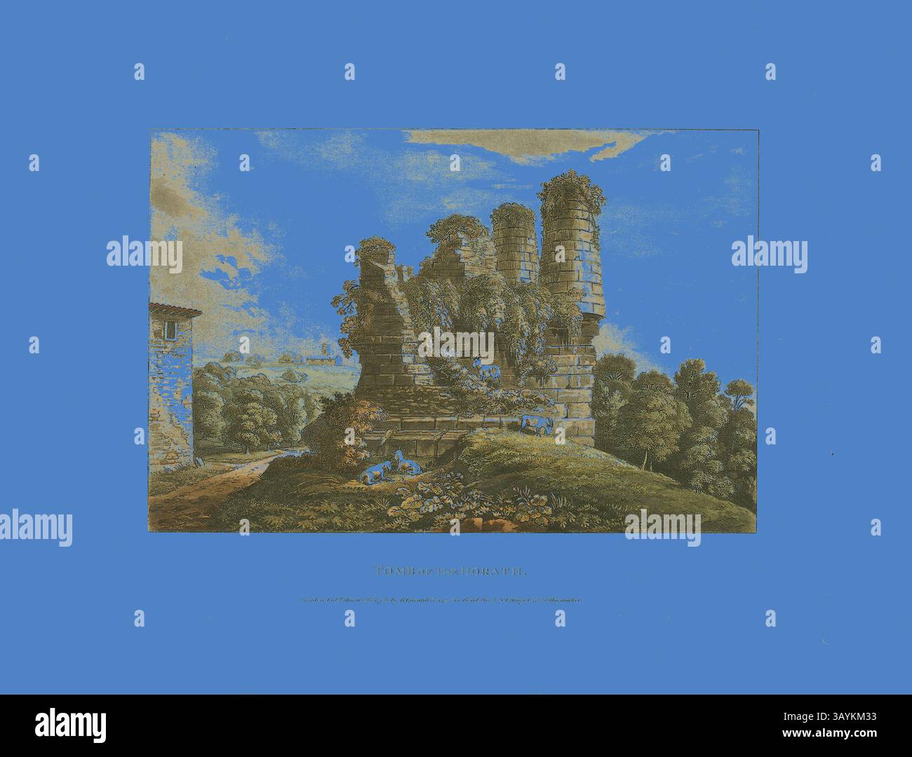 Ein zerbröckelnder Steinbau ist von üppigem Grün und Bäumen umgeben, mit Überresten einer vergangenen Zeit, die sich von einem leuchtend blauen Himmel abheben. Die Szene fängt die Schönheit der Natur ein, indem sie künstliche Ruinen zurückerobert und ein Gefühl von Geschichte und Ruhe einlädt. Grabmal des Horath, Platte sechs aus den Ruinen von Rom, veröffentlicht am 28. März 1798, M. Dubourg, Active 1786-1838), herausgegeben von J. Merigot (Italienisch, Unknown), England, handkolorierter Aquatint auf Papier, 330 x 448 mm (Blatt) Klassische Kunst mit einem modernen Twist, neu interpretiert von Artotop Stockfoto