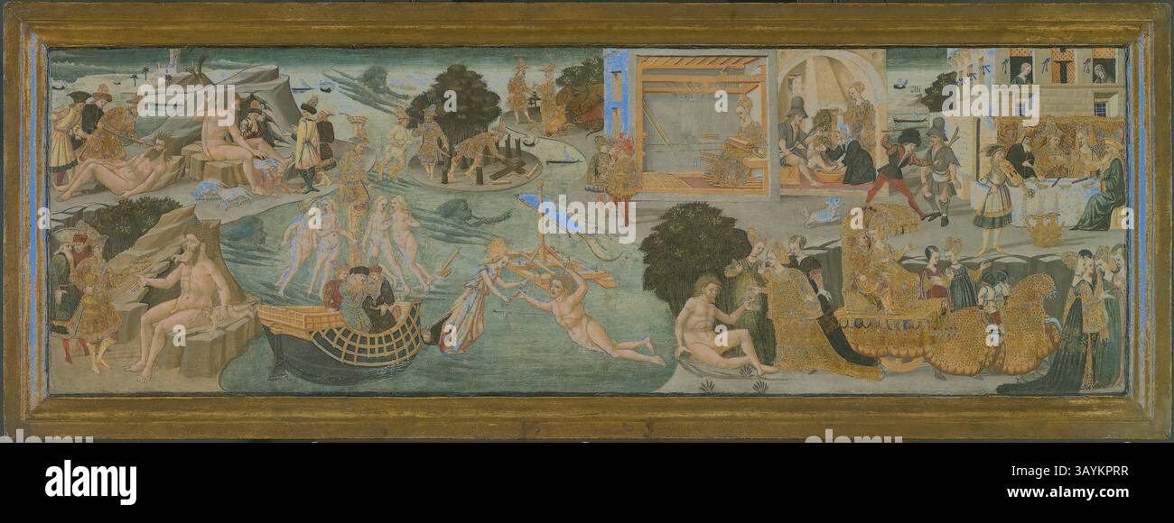 Eine lebendige Szene mit mythologischen Themen, mit einer Mischung aus ruhigen Wasseraktivitäten, lebhaften Treffen und komplizierten Darstellungen von Figuren inmitten üppiger Landschaften. Die Erzählung entfaltet sich mit Charakteren, die in verschiedenen Interaktionen aktiv sind und Liebe, Schönheit und künstlerischen Ausdruck symbolisieren. Die Abenteuer von Ulysses, 1435/45, Apollonio di Giovanni, Italienisch, 1415/17-1465, Italien, Tempera auf Platte, 42 x 131,7 cm (16 3/4 x 51 7/8 Zoll) Klassische Kunst mit modernem Touch, neu interpretiert von Artotop Stockfoto