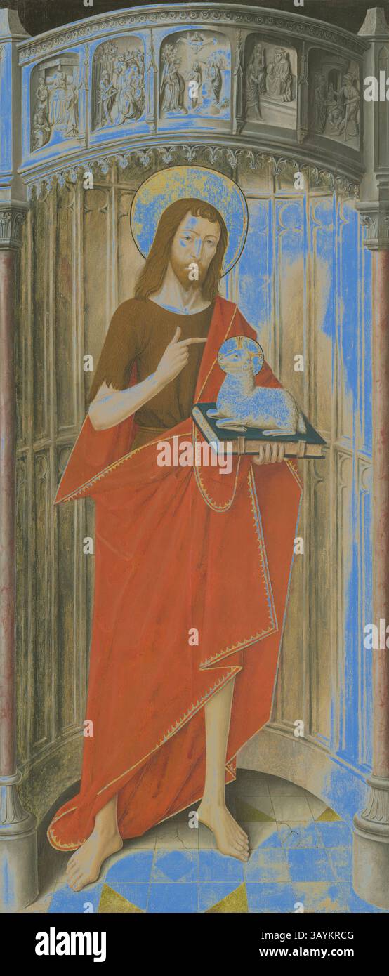 Eine Figur Christi steht mit sanftem Ausdruck, in einem fließenden roten Gewand gehüllt, und hält ein Lamm auf einer Platte. Er ist von komplexen architektonischen Details umgeben und sanft beleuchtet, symbolisiert Frieden und Mitgefühl. Tafeln aus dem Hochaltar des Charterhauses von Saint-Honoré, Thuison-les-Abbeville: Saint John the Baptist, 1490/1500, Französisch (Picardie), Frankreich, Öl auf Tafeln, Platte: 117 x 52 cm (46 1/16 x 20 1/2 Zoll), lackierte Oberfläche: 115,3 x 49,5 cm (45 3/8 x 19 1/2 Zoll) Klassische Kunst mit modernem Touch, neu interpretiert von Artotop Stockfoto