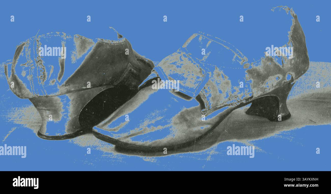 Ein Paar Vintage-Schuhe mit einzigartigem Design, spitz zulaufender Zehenpartie und markanten Fersenformen, die eine Mischung aus Eleganz und künstlerischem Flair betonen. Damenschuhe, 1770er Jahre, England, Leder, Seide, Satin, Gewebe Klassische Kunst mit modernem Touch, neu interpretiert von Artotop Stockfoto