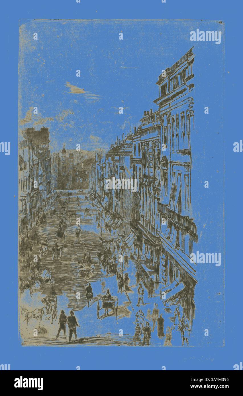 Eine geschäftige Straßenszene voller Menschen und Pferdekutschen, flankiert von eleganten Gebäuden. Der Himmel bietet eine Kulisse für die lebhafte Aktivität und schafft eine lebhafte Atmosphäre des urbanen Lebens in einer vergangenen Zeit. St. James’s Street, 1878, James McNeill Whistler, amerikanisch, 1834-1903, USA, Ätzen und Trockenspitze mit faulem Beißen in schwarzer Tinte auf cremefarbenem Büttenpapier, 279 x 175 mm (Platte), 301 x 194 mm (Blatt) Klassische Kunst mit modernem Twist, neu interpretiert von Artotop Stockfoto