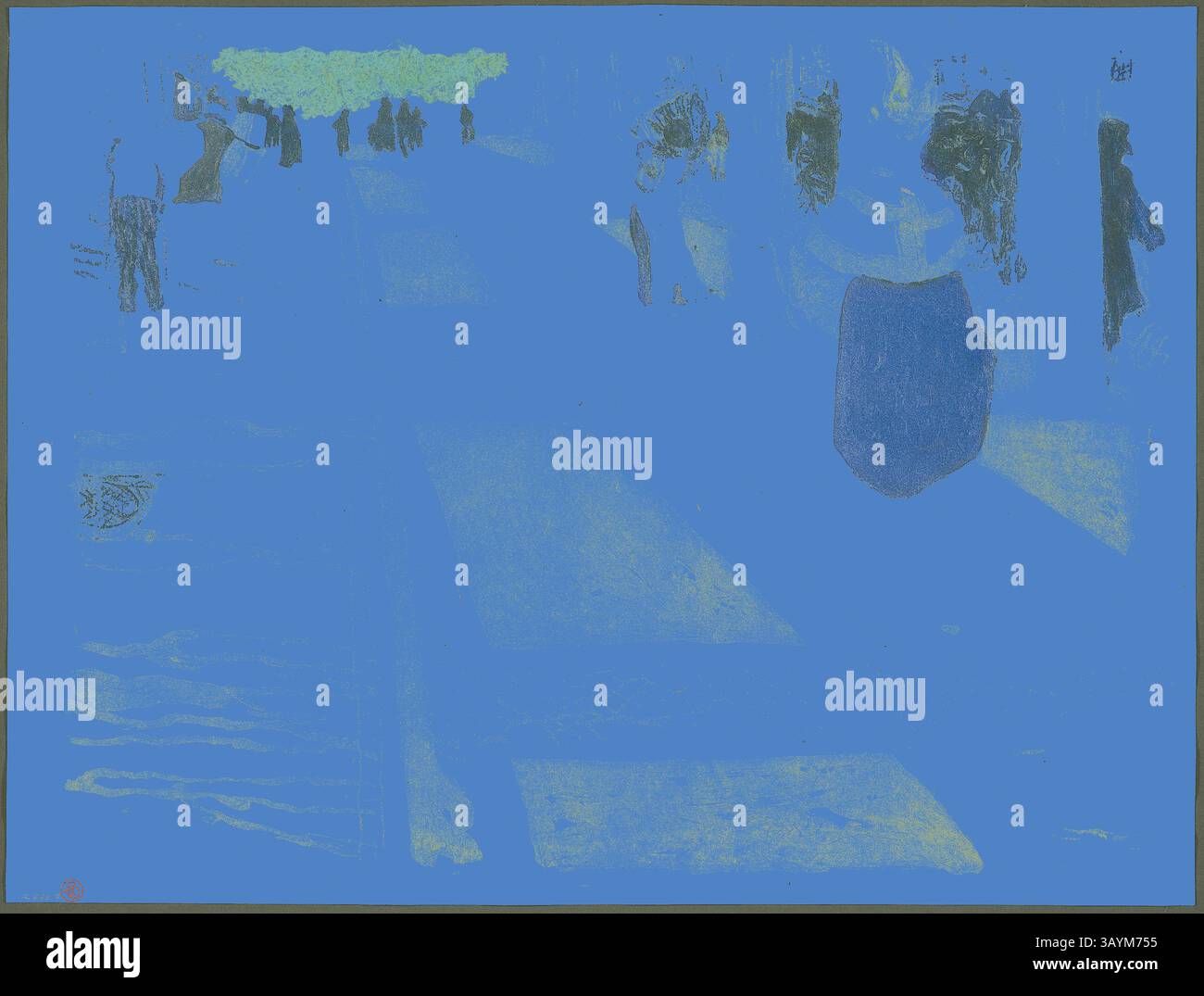 Eine lebendige Szene, in der Figuren auf einem Pfad dargestellt werden, mit abstrakten Formen und Farben, die eine traumhafte Atmosphäre schaffen. Licht und Schatten wirken miteinander, was auf Bewegung und Aktivität in einer lebendigen Umgebung hindeutet. The Avenue, Platte zwei aus Landschaften und Innenräumen, 1899, Edouard Vuillard (Französisch, 1868-1940), gedruckt von Auguste Clot (Französisch, 1858-1936), herausgegeben von Ambroise Vollard (Französisch, 1867-1939), Frankreich, Farblithographie auf grauelfenbeinfarbenem Porzellanpapier, 311 x 411 mm (Bild), 334 x 442 mm (Blatt) Klassische Kunst mit modernem Twist von Artotop neu interpretiert Stockfoto