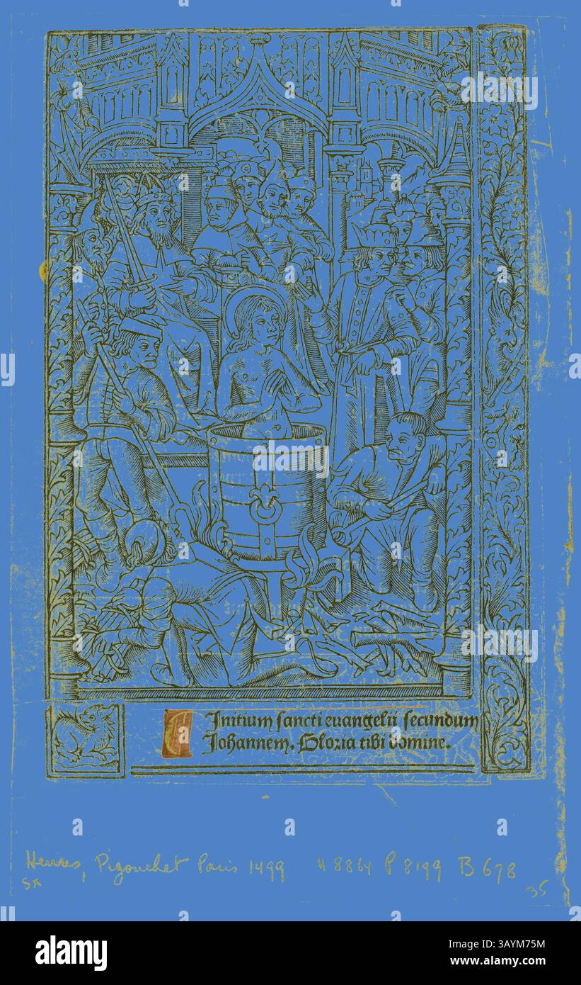 Eine detaillierte Tafel mit einer Szene von Figuren, die an einem religiösen Treffen beteiligt sind, zeigt eine Mischung aus hingebungsvollen Aktivitäten und kunstvoller Architektur. In der Mitte scheint eine Figur mit einer Struktur zu interagieren, umgeben von Teilnehmern in verschiedenen Stellungen, was die Bedeutung des Augenblicks unterstreicht. Die komplizierten Entwürfe und Inschriften erwecken einen Sinn für historischen Kontext und künstlerische Handwerkskunst. Das Martyrium des Heiligen Johannes des Evangelisten (Recto) und Dezember-Kalender (verso), aus dem Stundenbuch, 1496/97, Philippe Pigouchet (französisch, aktiv 1488–1518), herausgegeben von Simon Vostre (französisch Stockfoto