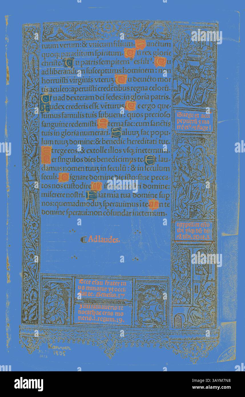 Eine kunstvoll verzierte Manuskriptseite voller komplizierter Illustrationen und Kalligrafie mit religiösen Themen und Figuren. Dekorative Grenzen ergänzen den Text, der eine liturgische oder hingebungsvolle Botschaft zu vermitteln scheint und die Kunst und das Handwerk seiner Zeit zum Ausdruck bringt. Visitation, aus dem Stundenbuch, n.d., Thielmann Kerver, deutsch, aktiv 1497-1524, Deutschland, Holzschnitt in Schwarz (oder weiches Metall-Relief) mit handkolorierter Pergamentfarbe, 150 x 91 mm Klassische Kunst mit modernem Twist von Artotop neu interpretiert Stockfoto