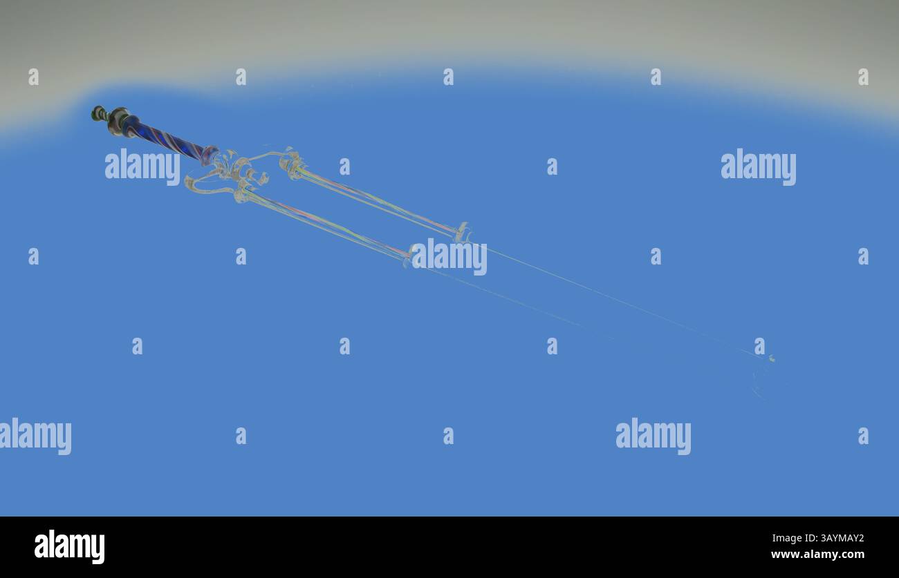 Ein zeremonielles Schwert mit aufwändigen Details am Griff und einer langen, glänzenden Klinge, die vor einem klaren blauen Hintergrund aufgehängt ist. Feuerzange, 19. Jahrhundert, England, Bristol oder Stourbridge, Bristol, Glas, H 43,2 cm (17 Zoll) Klassische Kunst mit modernem Touch, neu interpretiert von Artotop Stockfoto