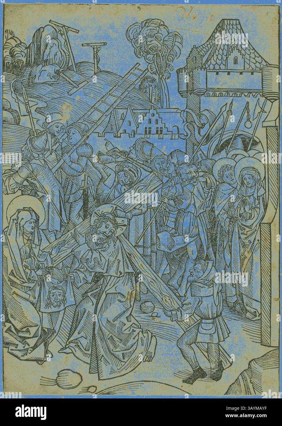 Eine Szene mit Figuren in mittelalterlicher Kleidung, die an einer dramatischen Prozession teilnahmen, mit Charakteren, die Leitern und verschiedene Werkzeuge tragen. Die Kulisse zeigt eine stilisierte Landschaft und Architektur, während Engel und Heilige in die Komposition integriert sind. Die Atmosphäre deutet auf einen Moment göttlicher Bedeutung oder eine religiöse Erzählung hin. Christus mit dem Kreuz, S. 81, Schatzbehalter, 1491, Michael Wolgemut und Werkstatt (1434/37–1519), herausgegeben von Anton Koberger (1440–1513), Deutschland, Holzschnitt auf cremefarbenem Papier, gelegt auf Elfenbeingewebe Stockfoto