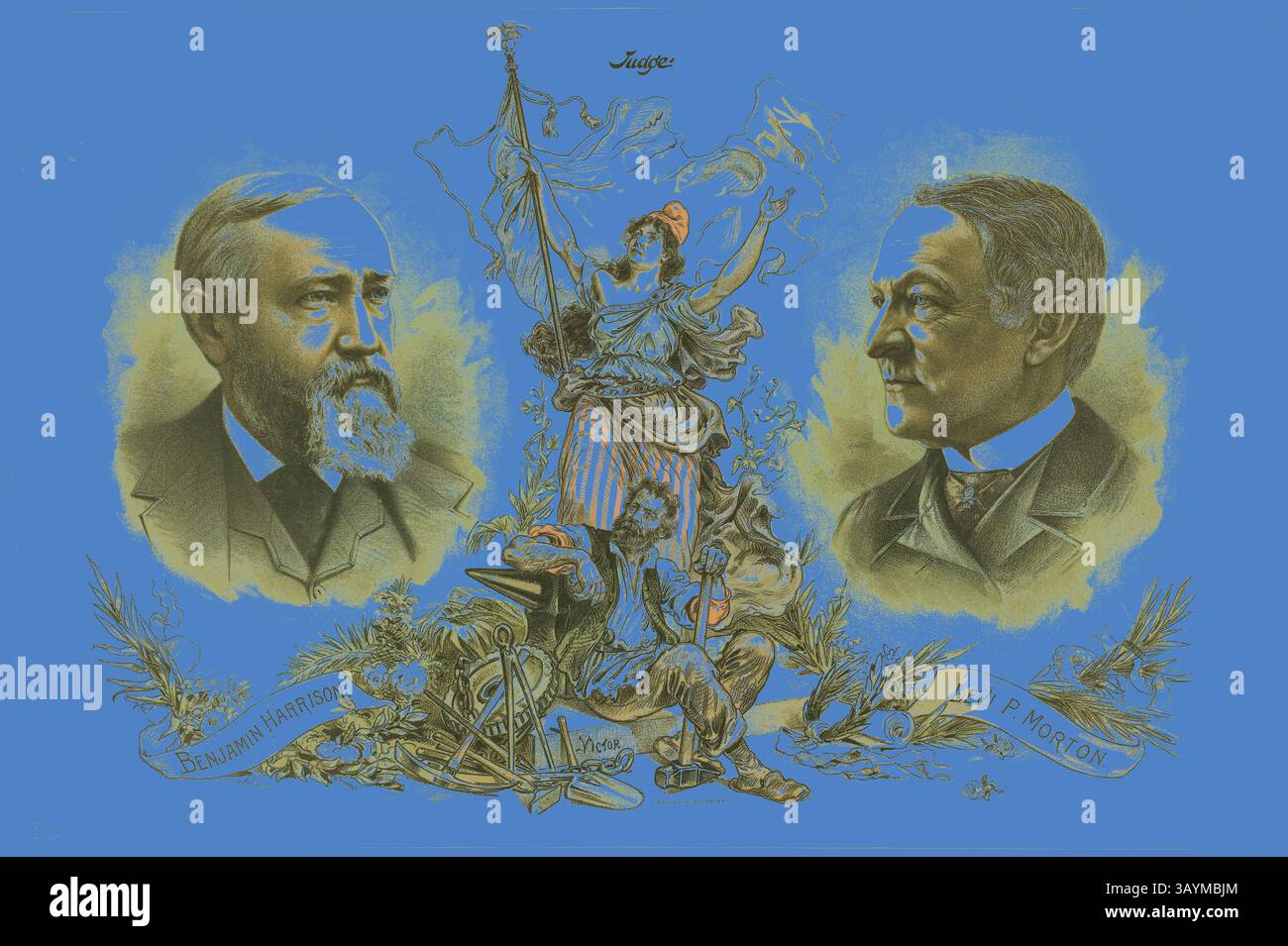 Eine politische Illustration mit Porträts von Benjamin Harrison und Levi P. Morton, umgeben von patriotischen Bildern, einschließlich einer Figur, die Gerechtigkeit repräsentiert, flankiert von symbolischen Elementen wie Fahnen und Lorbeerkränzen, alle vor einem leuchtend blauen Hintergrund. Siegesporträts von Benjamin Harrison und Levi P. Morton, vom Richter, 1888, Unbekannter Künstler, amerikanisch, 19. Jahrhundert, USA, Farblithographie auf Zeitungspapier, 347 x 525 mm, The Second Term Road Blocked, von Richter, 1884, Grant Hamilton, amerikanisch, 19. Jahrhundert, USA, Farblithographie auf Zeitungspapier, 263 x 345 mm Klassische Kunst Stockfoto