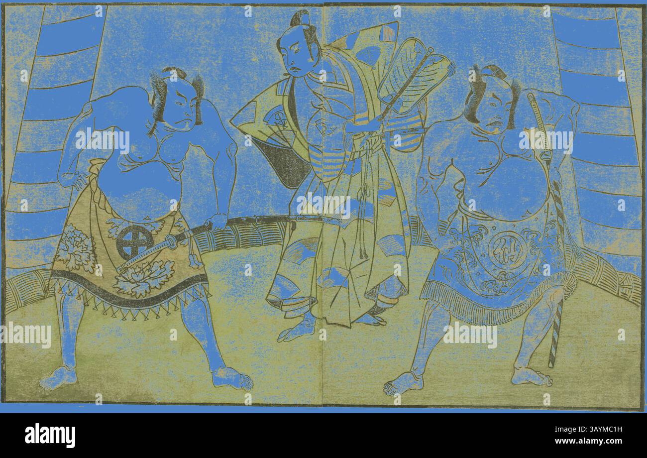 Zwei Sumo-Wrestler, einer mit einem wilden Ausdruck und der andere mit einem selbstbewussten Aussehen, sind in einer dynamischen Position. Sie sind mit traditionellen Mawashi verziert, die mit komplizierten Mustern beschriftet sind, während eine Figur im Kimono das Spiel im Hintergrund anführt oder leitet, alles vor einem auffälligen blauen Hintergrund. Die Schauspieler Nakamura Sukegoro II als Matano no Goro (rechts), Onoe Kikugoro I als Soga no Taro (Mitte) und Otani Hiroji III als Kawazu no Saburo (links), in dem Stück Myoto-giku Izu no Kisewata, aufgeführt im Ichimura Theater im elften Monat 1770, ca. 1772, Katsukawa Stockfoto