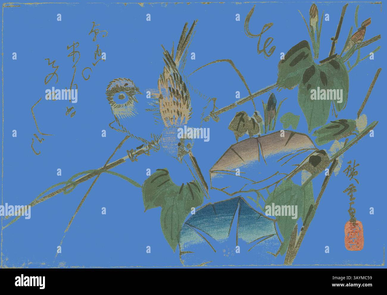 Eine lebendige Komposition, in der ein Vogelpaar zwischen stilisiertem Laub thront, ergänzt durch zarte Pinselstriche. Der Hintergrund zeigt einen auffälligen blauen Farbton, der die komplizierten Details des Grüns und die anmutigen Formen der Vögel unterstreicht. Das künstlerische Skript fügt der Szene ein Element von kultureller Bedeutung hinzu. Spatzen und Morning Glories, 1830er Jahre, Utagawa Hiroshige 歌川 広重, Japanisch, 1797-1858, Japan, Farbholzdruck, Yotsugiriban, 13 x 18,5 cm Klassische Kunst mit modernem Touch, neu interpretiert von Artotop Stockfoto