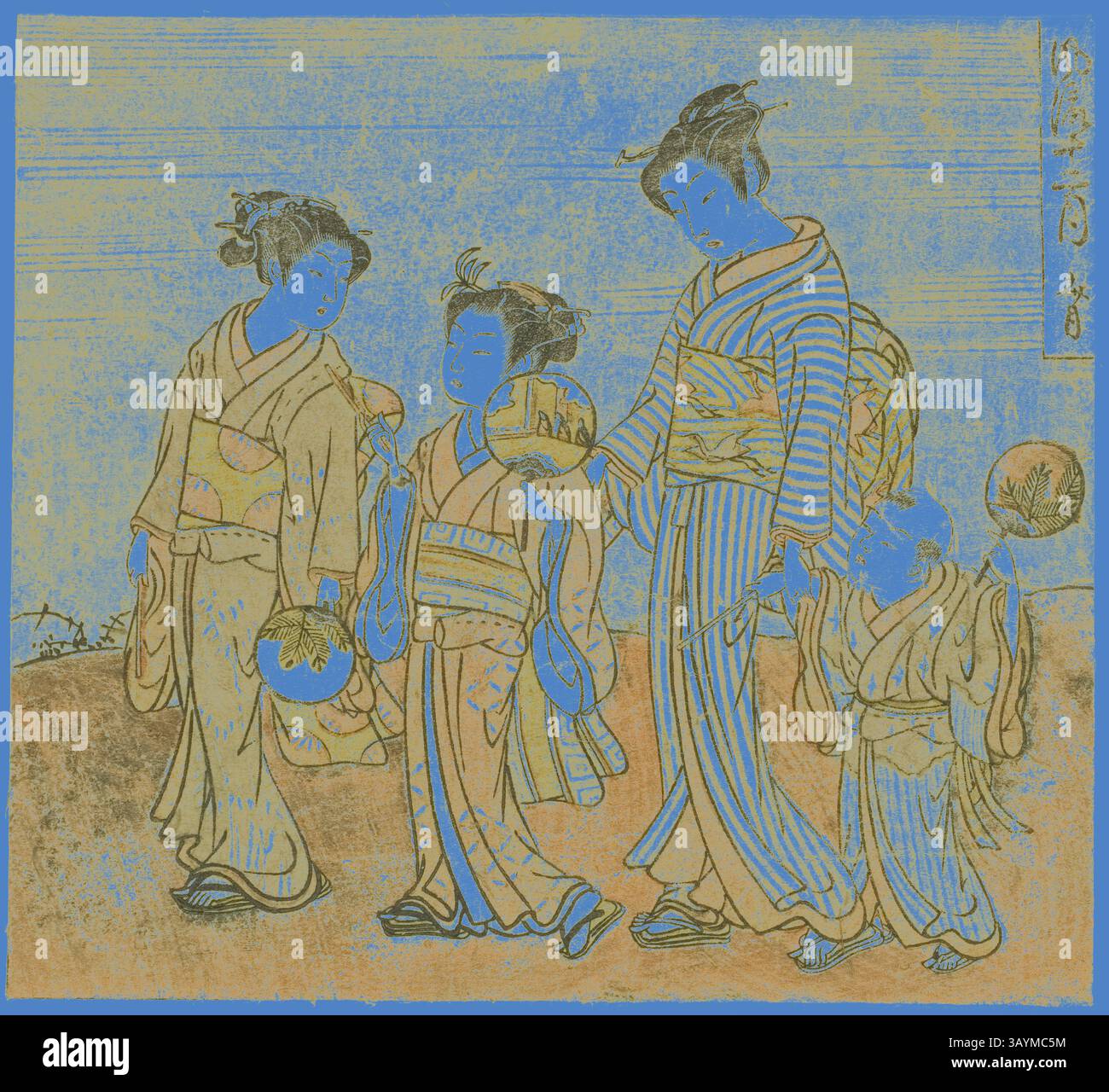 Eine Gruppe elegant gekleideter Figuren schlendert zusammen und zeigt traditionelle Kleidung und Accessoires. Die malerische Kulisse zeigt einen kulturellen Hintergrund aus einer vergangenen Zeit. Die Figuren scheinen auf einem gemütlichen Ausflug zu sein, der Gnade und Einheit verkörpert. Der siebte Monat (Fumizuki), aus der Serie modische zwölf Monate (Furyu juni tsuki), ca. 1770/72, Isoda Koryusai, Japanisch, 1735-1790, Japan, Farbholzschnitt, koban, 5 x 1/2 Zoll Klassische Kunst mit modernem Touch, neu interpretiert von Artotop Stockfoto