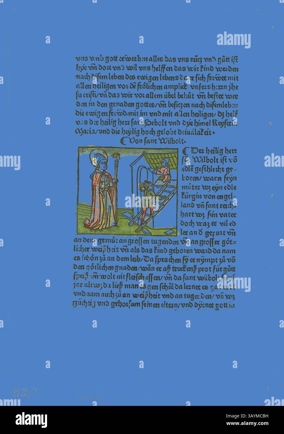 Eine Illustration, die eine Szene mit einer Figur in einem fließenden Gewand darstellt, möglicherweise einer heiligen oder einer religiösen Figur, die neben einem Ritter in Rüstung steht. Der Text, der die Figuren umgibt, ist in einer mittelalterlichen Schrift geschrieben, die Themen des Glaubens und der Hilfe in Zeiten der Not andeutet. Der leuchtend blaue Hintergrund unterstreicht die komplizierten Details der Bilder. St. Wilbolt aus Heiligenleben, Winterteil (Leben der Heiligen – Winterzeit), Platte 3 aus Holzschnitten aus Büchern des 15. Jahrhunderts, 1475, Portfolio zusammengestellt 1929, Unbekannter Künstler (Augsburg, 15. Jahrhundert), gedruckt und herausgegeben von Johannes (Hans) Baemler ( Stockfoto