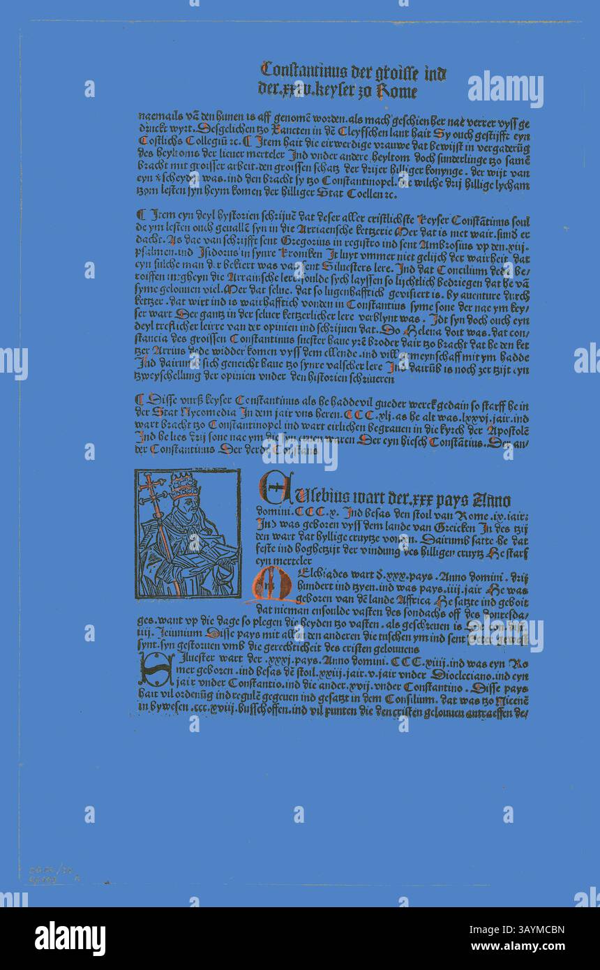 Ein komplizierter Text mit kunstvollen Schriften und dekorativen Elementen, der historische oder religiöse Themen diskutiert, mit beleuchteten Initialen und einer detaillierten Illustration einer Figur, wahrscheinlich eines Herrschers oder einer bedeutenden Person. Der Hintergrund ist eine lebendige Farbe, die die Hervorhebung des Textes verbessert. Papst Miltiades (Recto) und St. Gereon's Basilica (verso) aus Koelner Chronik (Kölner Chronik), Platte 38 aus Holzschnitten aus Büchern des 15. Jahrhunderts, 1499, Portfolio zusammengestellt 1929, Unbekannter Künstler (Köln, Ende 15. Jahrhundert), gedruckt und herausgegeben von Johann Kœlhoff dem Jüngeren (deutsch, aktiv 1487–1502) Stockfoto