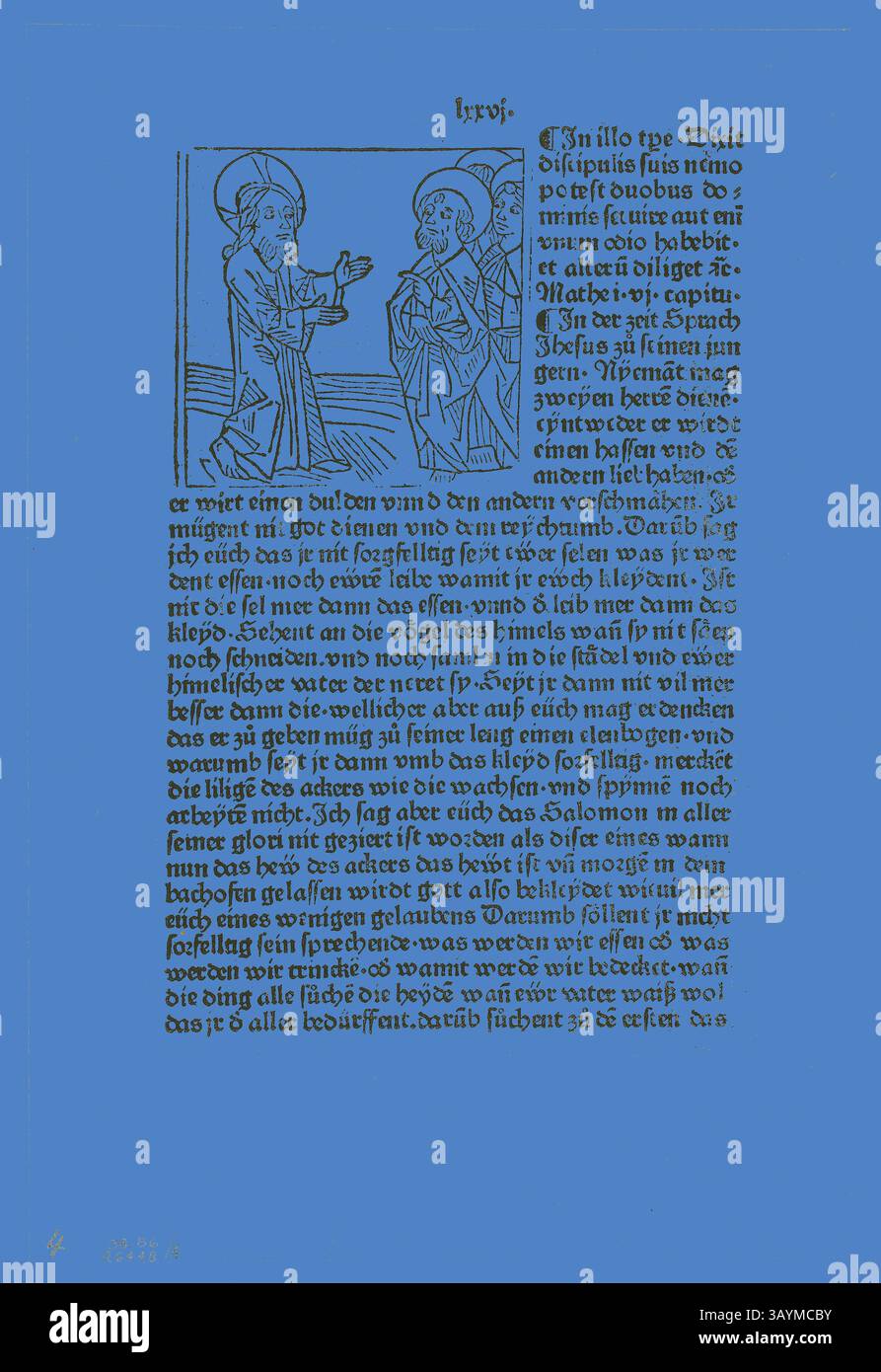 Eine illustrierte Szene, die zwei Figuren zeigt, von denen eine ein religiöser Führer zu sein scheint, die sich in einem Gespräch befinden. Um die Figuren herum befindet sich Text, der Kontext oder Erzählungen für die Interaktion liefern kann und ein historisches oder spirituelles Thema reflektiert. Das Gesamtdesign ist kunstvoll, mit komplizierten Details, die das visuelle Geschichtenerzählen verbessern. Jesus predigt seinen Jüngern aus dem Plenarium, Platte 4 aus Holzschnitten aus Büchern des 15. Jahrhunderts, 1478, Portfolio zusammengestellt 1929, Unbekannter Künstler (Augsburg, 15. Jahrhundert), gedruckt und herausgegeben von Anton Sorg (ca. 1430–1493), Portfoliotext von Stockfoto