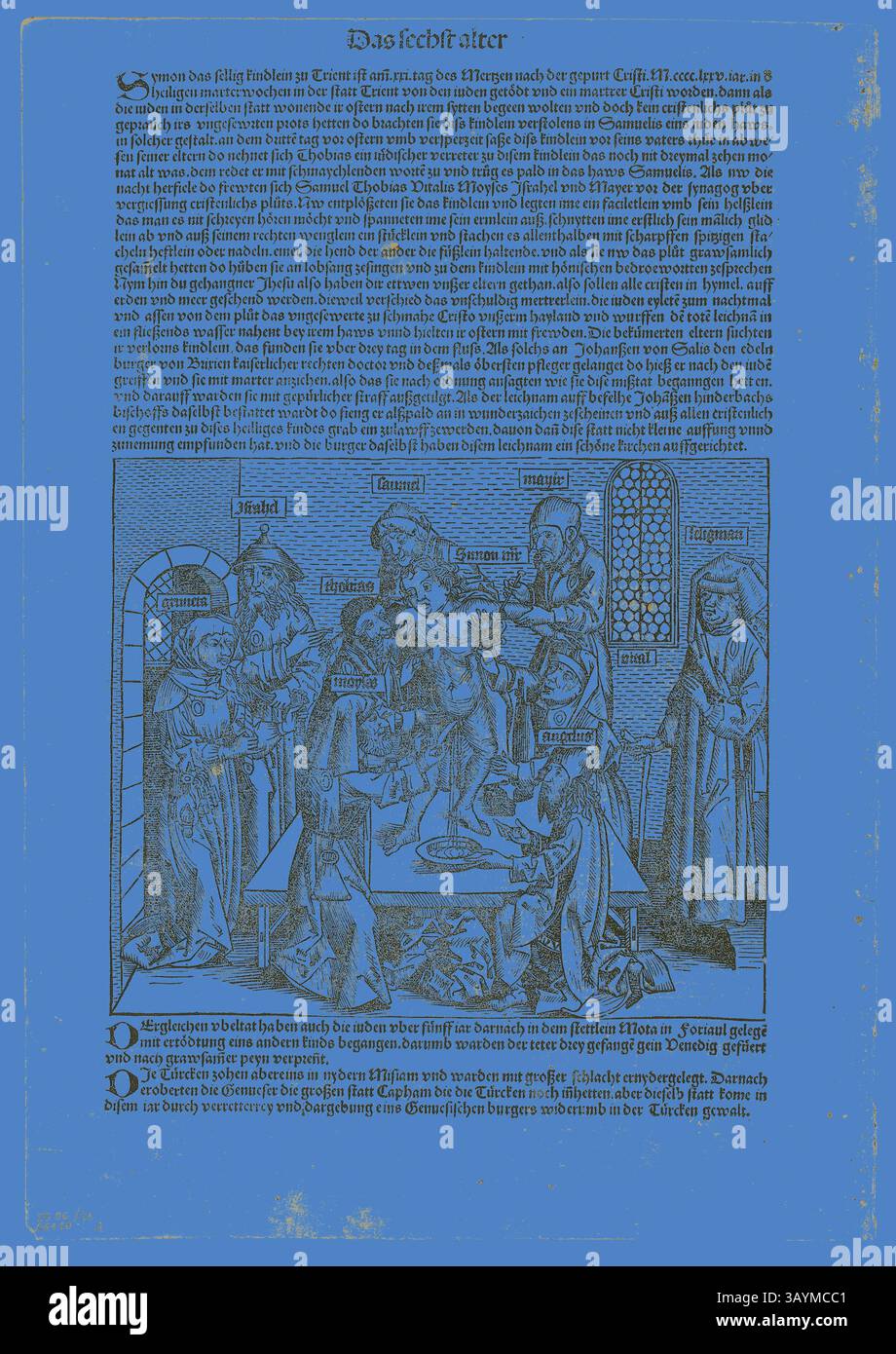 Eine komplizierte Szene, die ein historisches Ereignis darstellt, mit Figuren in mittelalterlicher Kleidung, die an einem Tisch eine wichtige Diskussion führen. Der Text, der der Abbildung beiliegt, scheint in einem alten Skript zu sein, das den Kontext für das dargestellte Szenario darstellt. Die Gesamtkomposition deutet auf eine Mischung aus Kunst und Erzählung hin, die typisch für diese Zeit ist. Das Martyrium des heiligen Simon von Trient aus Schedel Weltchronik, Platte 23 aus Holzschnitten aus Büchern des 15. Jahrhunderts, 1493, Portfolio zusammengestellt 1929, Michel Wolgemut (1434/37–1519) und Wilhelm Pleydenwurff (deutsch, ca. 1460–1494) Stockfoto