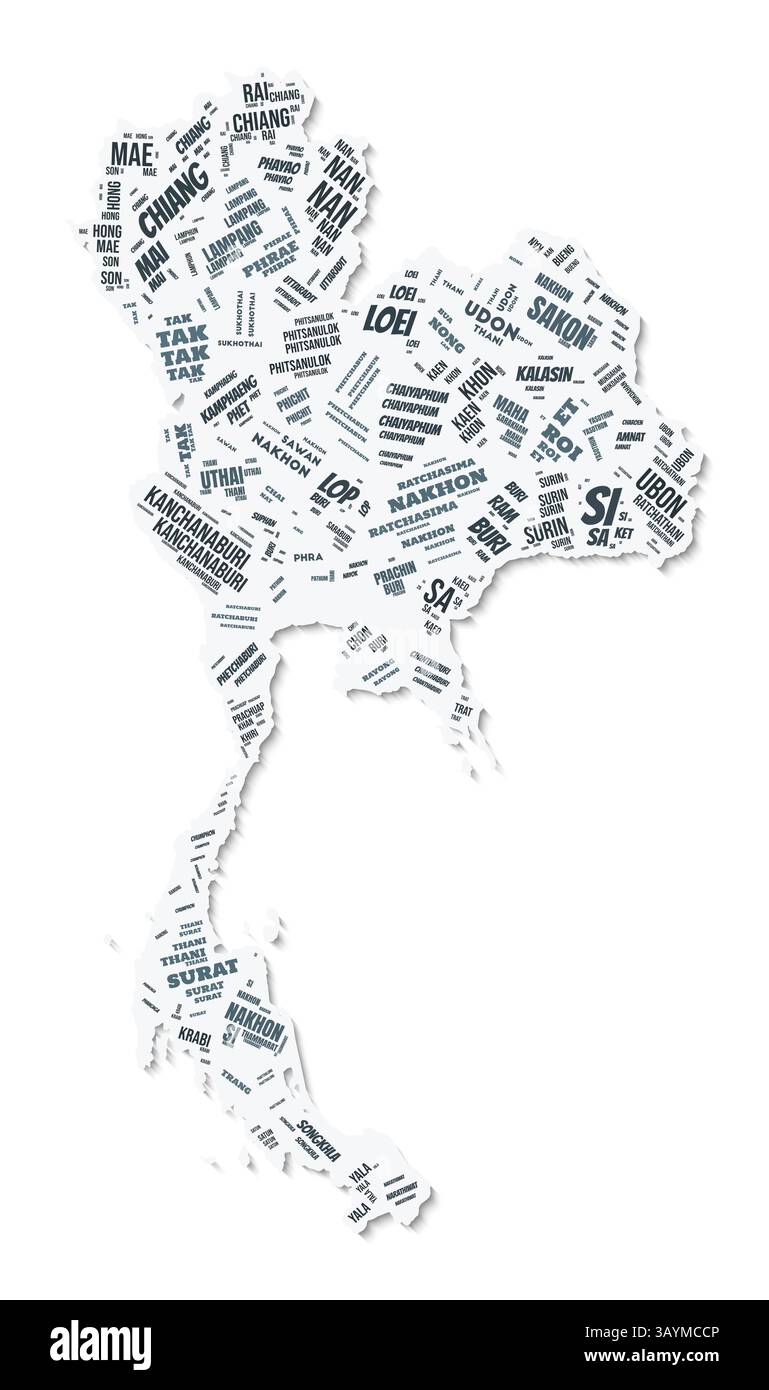 Thailand Form Textwolke. Ländergrenze mit Schatten auf weißem Hintergrund. Thailand mit regionaler Aufteilung im Vintage gazette Stil. Stock Vektor