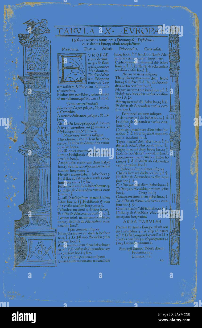 Eine kunstvolle Seite mit detaillierten Illustrationen und Texten, die komplexe Designs neben einem geografischen Thema zeigt. Das Layout umfasst dekorative Säulen und skurrile Motive, die an historische oder klassische Einflüsse erinnern. Der Text enthält Informationen zu Europa und fügt der künstlerischen Präsentation einen wissenschaftlichen Ton hinzu. Illustration aus der Geographia, Platte 36 aus Holzschnitten aus Büchern des XVI Jahrhunderts, 1525, zusammengesetzt zu einem Portfolio 1937, Unbekannter Künstler (Deutsch, 16. Jahrhundert), zusammengesetzt von Max Geisberg (Schweiz, 1875-1943), Deutschland, Holzschnitt auf Papier, 327 x 218 mm (Bild/text), 394 Stockfoto